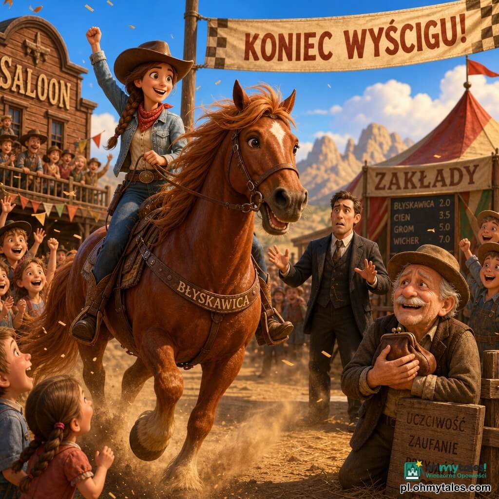 Clara, kowbojka uśmiechnięta i zdeterminowana, siedzi okrakiem na swoim dużym kasztanowatym koniu Błyskawica, trzyma wodze jedną ręką, drugą wznosi na znak zwycięstwa; skórzany brązowy kapelusz, czerwony bandana, jasna jeansowa kurtka, brązowy warkocz na ramieniu, zakurzone buty. Błyskawica, błyszczący kasztan z falującą grzywą, dyszący lecz dumny, obłoki kurzu przy kopytach. Bart, mężczyzna 35–40 lat, zaskoczony i skruszony, w lekko pogniecionym ciemnym garniturze, stoi kilka metrów od Clary przy namiocie z zakładami, ręce lekko uniesione. Pan Jenkins, starszy mężczyzna ok. 70 lat, niski, siwe włosy, siedzi lub opiera się o słup w tle po prawej, wygląda na wzruszonego i odetchnionego, trzyma zwróconą sakiewkę. Wokół dzieci (dziewczynki i chłopcy 6–12 lat) i wieśniacy biją brawo, wesołe twarze, niektórzy rzucają słomiane konfetti. Miejsce: zakurzona tor wyścigowy w małej drewnianej wiosce, saloon po lewej z malowaną szyldą, namioty i kolorowe proporczyki, żółte góry na horyzoncie, jaskrawe niebieskie niebo. Główna scena: tuż za metą — Clara właśnie wygrała nielegalny wyścig, żeby zmusić Barta do oddania pieniędzy; wzbijający się kurz, flaga mety, wyrazy triumfu i ulgi. Styl wizualny: jasny kreskówkowy rendering 3D, nasycone kolory, wyraźne faktury drewna i kurzu, złote światło późnego popołudnia.