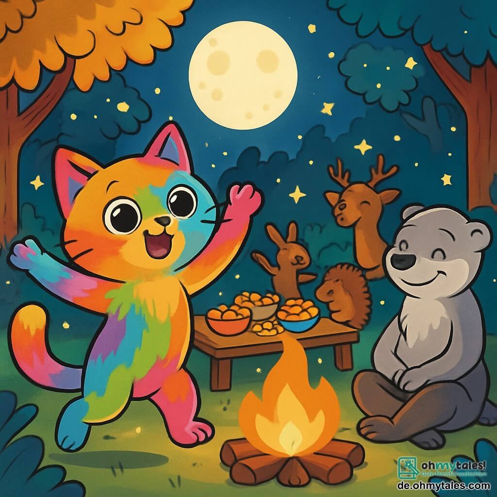 Minka, eine kleine Katze mit runden, glänzenden Augen wie Murmeln und einem schimmernden, regenbogenfarbenen Fell, tanzt fröhlich in einer von Mondlicht erleuchteten Lichtung. Ihr Gesichtsausdruck ist voller Staunen und Glück, ihre Pfoten in die Luft erhoben. Um sie herum sitzt ein alter, silberner Frettchen mit weisen Augen, der Wächter des Waldes, der warmherzig lächelt und Geschichten erzählt. Er sitzt neben einem großen Lagerfeuer, seine Pfoten übereinandergelegt, und scheint von der Magie des Moments gefesselt zu sein. Die Lichtung ist von majestätischen Bäumen mit goldenen Blättern umgeben, und Glühwürmchen funkeln wie Sterne in der Dunkelheit. In der Mitte steht ein großer Tisch mit bunten Gerichten, gefüllt mit Köstlichkeiten, während die Tiere des Waldes fröhlich darum herumtanzen. Die Szene zeigt den magischen Moment des "Sternenfestes", wo Minka und ihre Freunde gemeinsam feiern, umgeben von Lachen und Licht, und eine Atmosphäre von Freude und Freundschaft schaffen.