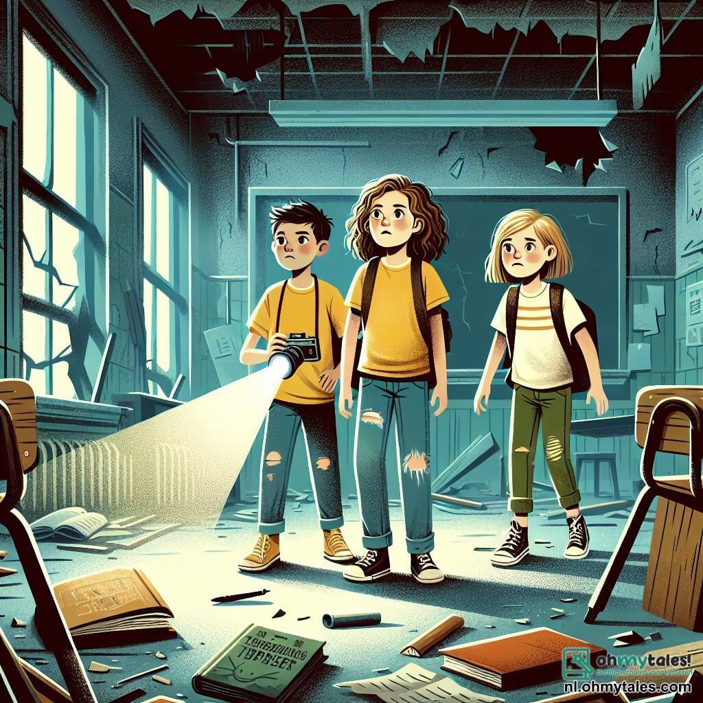 In een oude verlaten school staan drie dappere meisjes samen. Sofie, een 11-jarig meisje met krullend bruin haar, draagt een felgeel t-shirt en een gescheurde spijkerbroek, terwijl ze een zaklamp vasthoudt die hun pad verlicht. Naast haar kijkt Emma, een 10-jarig meisje met steil blond haar en een camera om haar nek, nieuwsgierig om zich heen, met opgewonden wijdopen ogen. Ten slotte staat Noor, een 11-jarig meisje met kastanjebruin gevlochten haar, iets op de achtergrond, met een bezorgde maar vastberaden uitstraling, terwijl ze de schaduwen in de donkere hoeken van de kamer observeert. Hun omgeving is een stoffige klaslokaal met gebarsten muren en borden bedekt met krijt. Houten banken liggen omgekeerd en oude boeken liggen verspreid over de vloer, terwijl een zwak licht door de gebroken ramen filtert, wat een mysterieuze en licht angstaanjagende sfeer creëert. De meisjes verkennen de school op zoek naar aanwijzingen over de vreemde gebeurtenissen die daar hebben plaatsgevonden, terwijl een mysterieuze schaduw hen vanuit de duisternis lijkt te observeren, wat een vleugje spanning aan hun avontuur toevoegt.