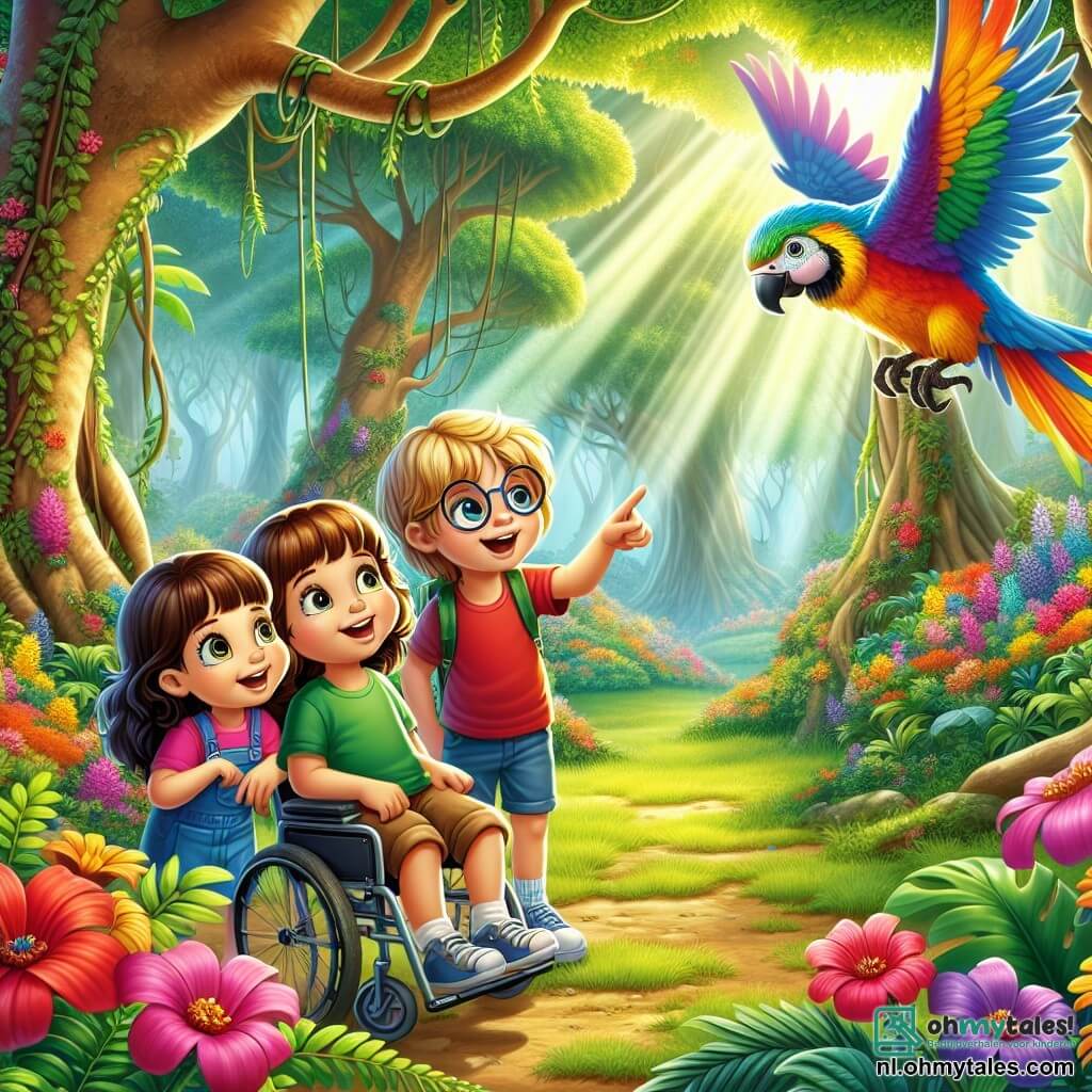In een weelderige jungle zijn drie kinderen samengekomen voor een magisch avontuur. Lila, een 8-jarig meisje met lange bruine haren en een stralende glimlach, staat links, verwonderd door de felle kleuren van de bloemen om haar heen. Sam, een 9-jarige jongen met rommelig blond haar en een bril, staat in het midden en wijst naar een prachtige gekleurde vogel die op een tak zit. Rechts zit Mia, een 7-jarig meisje met kort krullend haar, in haar mooie rolstoel, vrolijk lachend terwijl ze naar het spektakel kijkt. De jungle is dicht en groen, met grote bomen en glanzende bladeren die het zonlicht filteren en dansende schaduwen op de grond creëren. Felle bloemen in rood, geel en paars sieren het landschap, terwijl een klein beekje op de achtergrond glinstert. Samen ontdekken de kinderen een vogel met kleurrijke veren die een vrolijke melodie zingt, wat hen in een moment van pure verwondering en kameraadschap brengt.