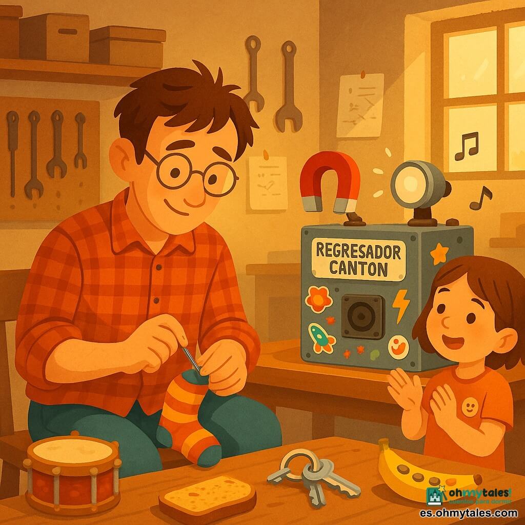 Nico, con expresión concentrada y dulce, pelo castaño despeinado y gafas redondas, cose un pequeño agujero en un calcetín colorido sobre sus rodillas; Lila, de unos 7 años, con el pelo castaño corto y una pegatina en la camiseta, está de pie a su lado mirando la máquina y aplaudiendo con ternura; la máquina Regresador Cantón, bricolaje metálico decorado con pegatinas, tiene un gran imán en forma de "mano", una luz de bicicleta como ojo y un pequeño altavoz que emite notas y parpadea; en la mesa hay objetos curiosos —una rebanada de pan como tambor, un plátano a modo de mando y un llavero brillante—; el taller es un garaje cálido con estanterías de madera, herramientas colgadas, notas y croquis en la pared y una luz amarilla filtrando por la ventana, formando una escena tierna y divertida.