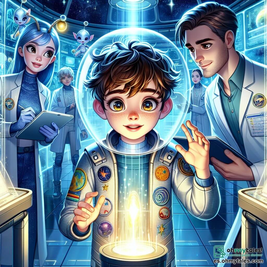 Un niño de 11 años, Lucas, con el cabello castaño alborotado y ojos brillantes de curiosidad, se encuentra en el centro de la escena, con el rostro iluminado por una sonrisa de asombro. Lleva un traje espacial ligero, adornado con parches coloridos que representan planetas y estrellas, mientras observa con fascinación un cristal brillante que emite una suave luz cálida. A su lado, Zira, una extraterrestre del planeta Zarnia, tiene la piel azul claro y grandes ojos redondos y brillantes. Se inclina hacia adelante, tocando el cristal con una intensa curiosidad. Un poco más lejos, los padres de Lucas, un hombre y una mujer de unos cuarenta años, con batas de laboratorio, intercambian miradas admirativas mientras toman notas en tabletas flotantes. La escena se desarrolla en el laboratorio principal de la estación espacial "Horizonte", un espacio futurista con paredes de vidrio transparente que ofrecen una vista espectacular del vasto espacio estrellado. Pantallas holográficas flotan alrededor, mostrando datos científicos e imágenes de la Tierra. Lucas, Zira y sus padres están reunidos alrededor del cristal misterioso, todos cautivados por su brillo. La atmósfera está llena de emoción y descubrimiento, mientras trabajan juntos para entender los secretos que este cristal podría revelar.