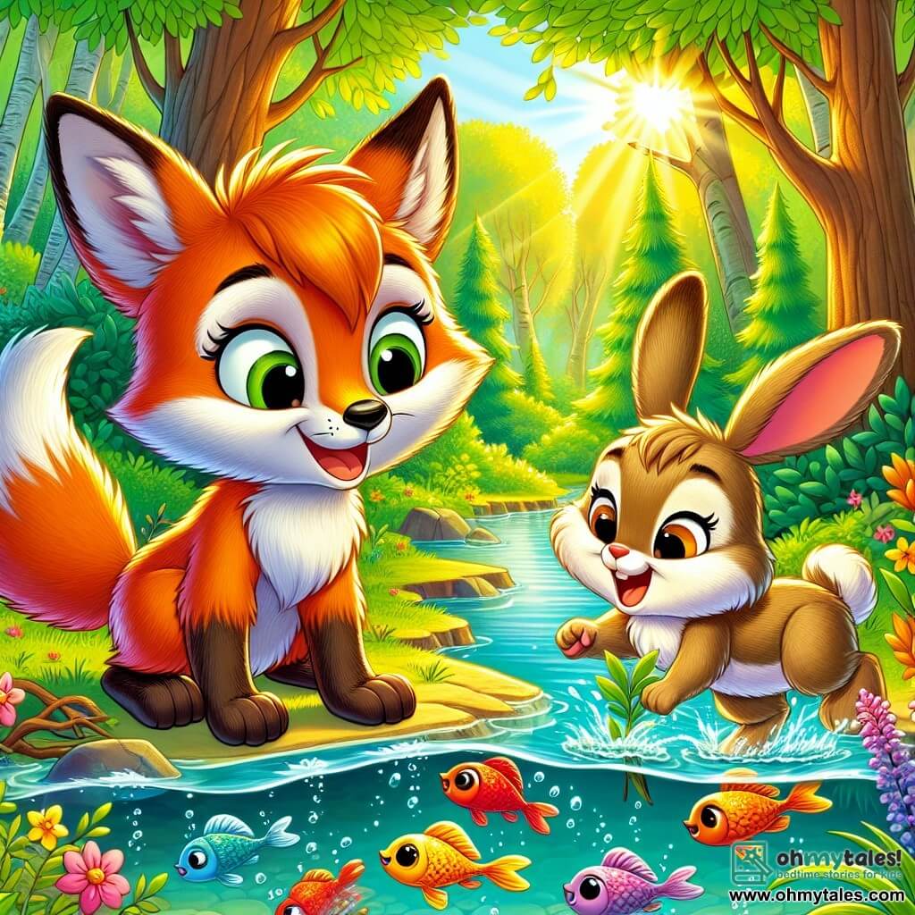 A clever little fox named Felix, with bright orange fur and a bushy tail with a white tip, stands at the edge of a sparkling river, his face expressing joyful curiosity. He attentively watches the clear water, where a few colorful fish are starting to reappear, his eyes sparkling with excitement. Next to him, a rabbit named Lily, with soft brown fur and upright ears, hops joyfully, her face lit up by an enthusiastic smile. She holds a small branch in her front paws, ready to help with tree planting. The setting is a lush forest filled with tall trees with vibrant leaves, colorful flowers, and sunlight filtering through the branches, creating a warm and welcoming atmosphere. The scene shows Felix and Lily celebrating the return of fish to the river, surrounded by small saplings they have planted, symbolizing hope and the rebirth of their ecosystem.