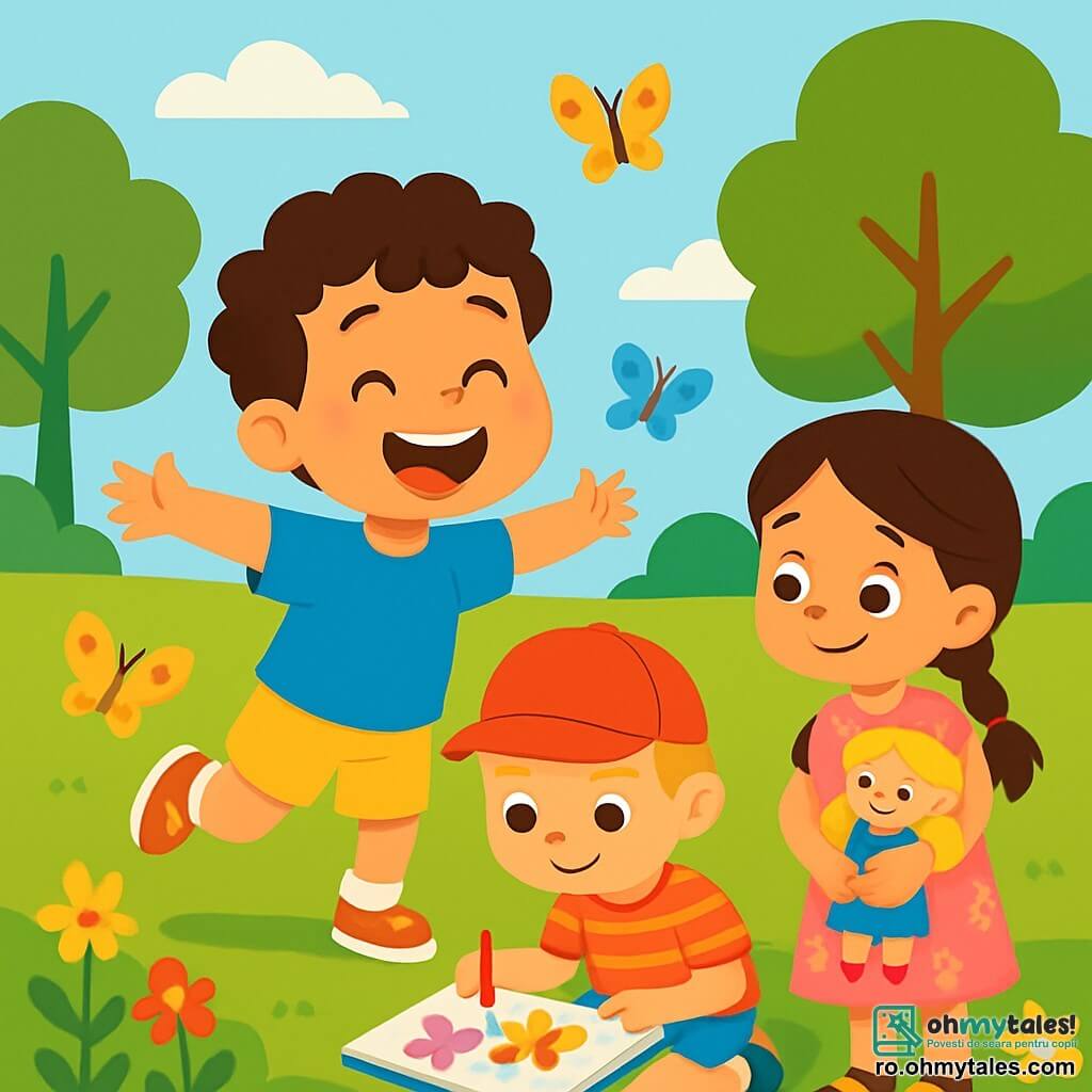 Un băiat de 4 ani, Andrei, cu părul brun și creț, zâmbind fericit, aleargă printr-un parc însorit, cu brațele deschise ca și cum ar zbura. Poartă un tricou albastru aprins și o pereche de pantaloni scurți galbeni, iar fața lui exprimă o bucurie imensă și excitație. Lângă el, Alex, un băiat de 4 ani cu părul blond și drept, stă pe iarba verde, concentrat pe desenul său cu fluturi colorați într-un caiet mare. Poartă o șapcă roșie și un tricou cu dungi. Maria, o fetiță de 4 ani cu părul lung brun împletit, stă lângă Alex, ținând o păpușă în brațe. Zâmbește și privește cu admirație desenul lui Alex, purtând o rochie roz cu flori. Parcul este plin de flori strălucitoare, copaci mari verzi și un cer albastru deschis presărat cu nori albi pufoși. Fluturi colorați zboară în jurul lor, adăugând magie scenei. Situația principală arată cum Andrei aleargă fericit, în timp ce Alex și Maria se distrează creând o poveste împreună, ilustrând prietenia și toleranța prin diferențele lor.