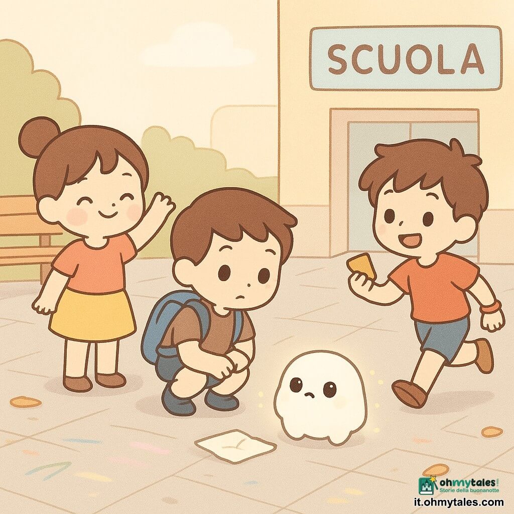 Brill, creatura luminosa e rotonda con occhi come perle, pelo bianco iridescente, espressione preoccupata ma adorabile, lascia piccole scintille come coriandoli, tiene un foglietto sgualcito; Nico, ragazzo con capelli castani e zaino blu che fa “toc-toc”, accovacciato vicino al foglio; Livia, ragazza con i capelli raccolti, mano alzata come una direttrice d’orchestra, sorriso malizioso, in gonna gialla a sinistra; Samir, ragazzo in corsa con tenuta rossa, merendina in mano ed elastico al polso, arriva da destra; cortile della scuola con pavimento in piastrelle grigie, gessetti colorati, panchina, contenitore verde e cartello pastello, luce mattutina; scena: il gruppo forma un cerchio intorno a una nota che dice “HO PRESO IL CUSCINO”, atmosfera di indagine divertente in stile kawaii minimal, toni pastello e forme semplici.