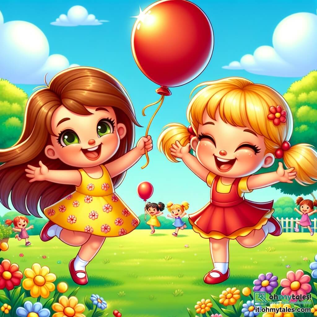 Una bambina di 4 anni, con lunghi capelli castani e occhi scintillanti di gioia, indossa un vestito a fiori gialli. Salta di felicità, tenendo un grande pallone rosso che fluttua sopra di lei, il suo viso radioso di orgoglio ed eccitazione. Accanto a lei, la sua migliore amica Emma, anch'essa di 4 anni, con capelli biondi raccolti e un sorriso splendente, solleva il suo pallone rosso ridendo. Si trovano in un parco verde, pieno di fiori colorati e risate di bambini, sotto un cielo blu chiaro punteggiato di nuvole bianche e soffici. La scena mostra le due amiche che danzano gioiosamente sull'erba, circondate da altri bambini che giocano e si divertono, creando un'atmosfera festosa e piena di vita.