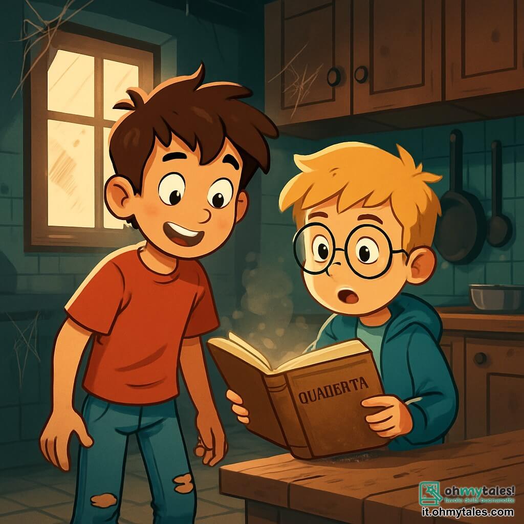 Un giovane ragazzo di nome Marco, di circa 11 anni, con capelli castani disordinati e occhi pieni di curiosità, si trova al centro della scena. Indossa una maglietta rossa e jeans strappati, mostrando un'espressione di eccitazione mista a un po' di apprensione. Accanto a lui, il suo amico Luca, anche lui di 11 anni, con capelli biondi e occhiali tondi, guarda con meraviglia un vecchio quaderno polveroso trovato su un tavolo di legno. Si trovano in una cucina buia e polverosa, piena di vecchi mobili in legno, pentole arrugginite e ragnatele negli angoli. La luce del sole filtra attraverso una finestra sporca, creando ombre misteriose sul pavimento in ceramica usurato. Marco e Luca sono immersi nella scoperta di un antico quaderno, circondati da un'atmosfera di avventura e mistero, mentre si preparano a risolvere un enigma affascinante che potrebbe portarli a un tesoro nascosto.