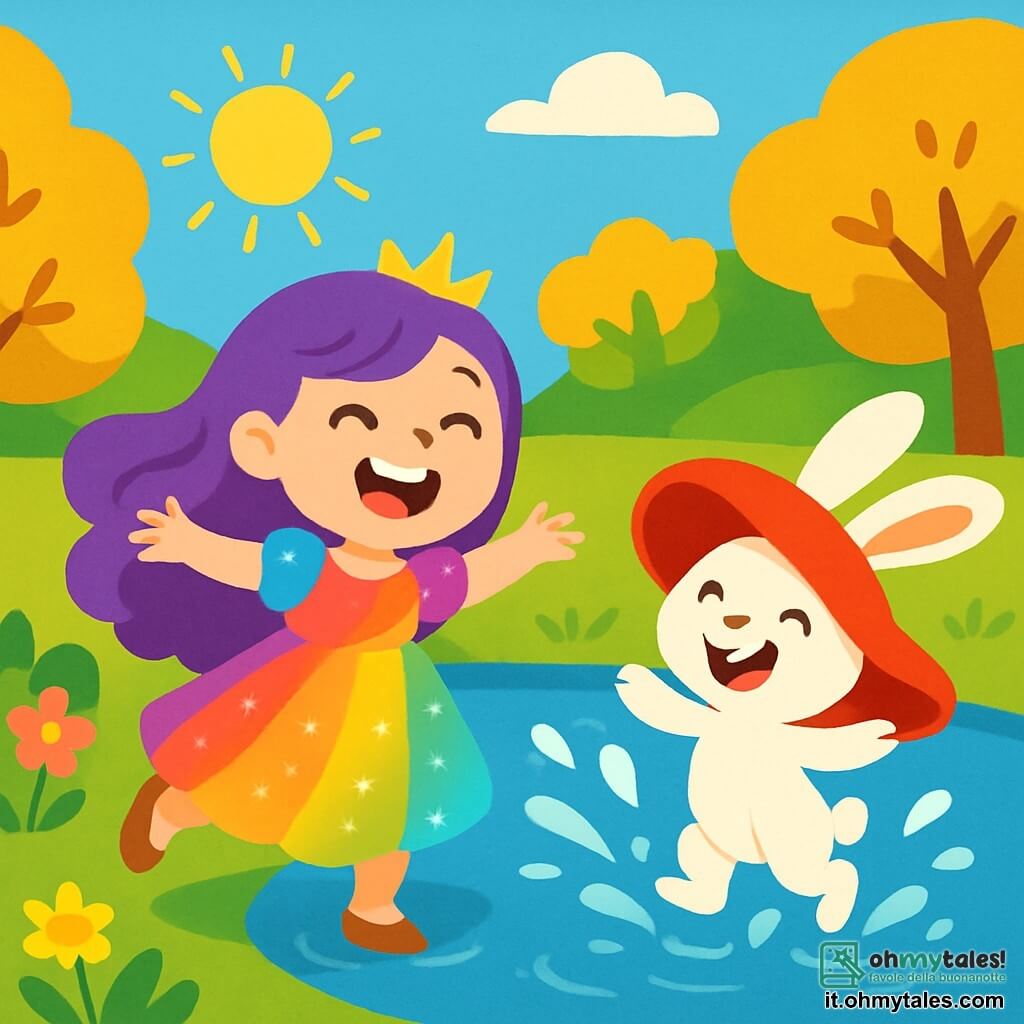 Una principessa gioiosa, di nome Lilla, con lunghi capelli ondulati di colore viola, indossa un abito scintillante che cambia colore, brillando come un arcobaleno. Ride di gusto, con gli occhi pieni di felicità, mentre danza a bordo di un laghetto. Accanto a lei, un coniglietto dispettoso di circa 5 anni, con un grande cappello rosso che gli copre gli occhi, salta allegramente, spruzzando acqua attorno a loro. Ha un pelo bianco e morbido, e il suo sorriso è contagioso. Il laghetto è circondato da fiori multicolori e alberi con foglie dorate, sotto un cielo blu splendente. I raggi di sole filtrano tra i rami, creando riflessi scintillanti sull'acqua. La scena principale mostra Lilla e il coniglietto che danzano insieme, spruzzando acqua mentre le sirene che li circondano cantano e ridono, creando un'atmosfera di gioia e magia in questo regno incantato.