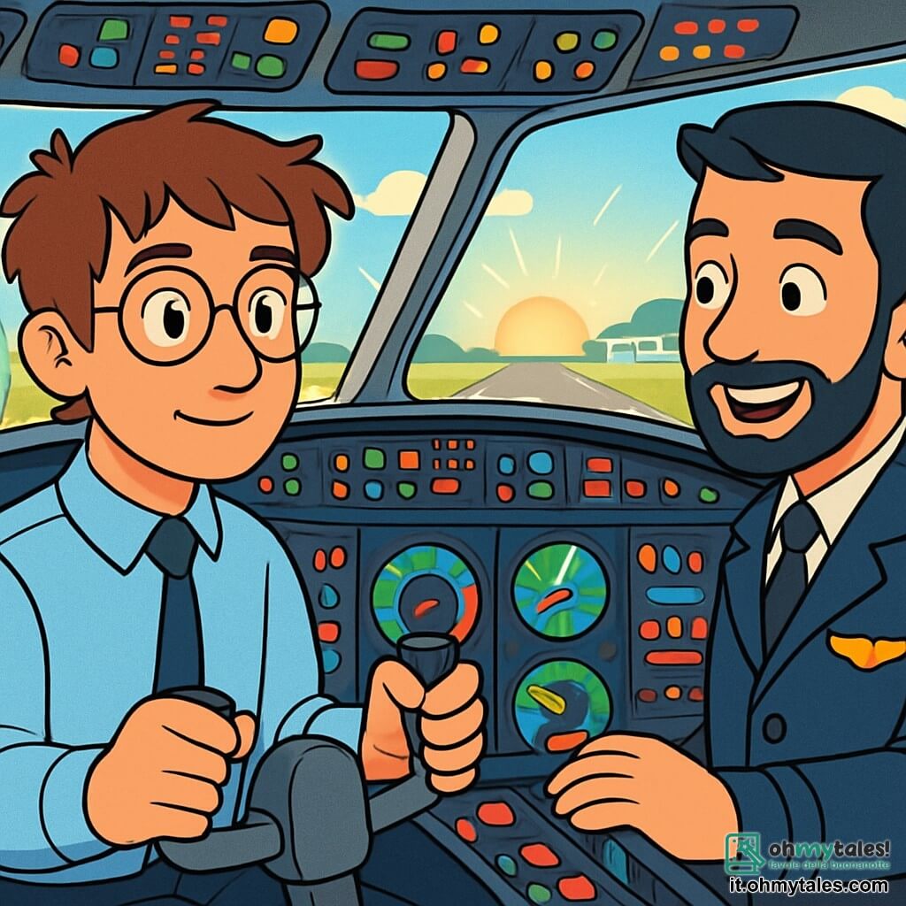 Un pilota, Lorenzo, è seduto nella cabina di pilotaggio di un aereo, con un'espressione di concentrazione e serenità. Ha i capelli castani leggermente spettinati, occhiali rotondi e indossa una camicia blu con una cravatta nera. Le sue mani sono posate sul volante, pronto al decollo. Accanto a lui, Amir, un giovane di circa 30 anni con capelli neri e barba ben curata, consulta strumenti di volo con un sorriso fiducioso, indossando una giacca da pilota e guardando Lorenzo con ammirazione. La cabina è piena di luci lampeggianti, strumenti colorati e un grande oblò che mostra un cielo blu punteggiato di nuvole bianche. Sullo sfondo si intravede la pista d'atterraggio, circondata da vegetazione e edifici aeroportuali. La scena principale mostra Lorenzo e Amir pronti al decollo, con un palpabile senso di eccitazione nell'aria, mentre il sole sorge all'orizzonte, illuminando la scena con una dolce luce dorata.