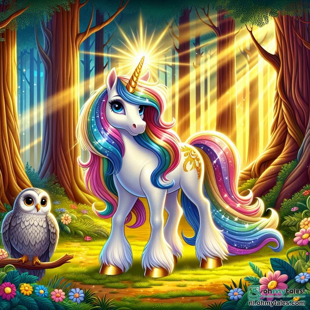 In een betoverende open plek staat een prachtige eenhoorn genaamd Luna trots. Ze heeft een glinsterende manen in regenboogkleuren, ogen die stralen als sterren en een gouden hoorn die een zachte gloed uitstraalt. Luna toont een duidelijke vastberadenheid en moed, klaar om haar magische wereld te beschermen. Dichtbij observeert een oude wijze uil, met grijze veren en ronde, doordringende ogen, de scène. Hij zit op een tak, zijn vleugels iets uitgespreid, klaar om Luna advies te geven. De achtergrond is een dichte bos, waar grote bomen met knoestige stammen naar de lucht rijzen. Zonne-stralen filteren door het loof en verlichten de open plek met een gouden licht. Kleurrijke bloemen bedekken de grond, wat een vleugje magie aan de omgeving toevoegt. De hoofd situatie toont Luna die staat tussen de open plek en een dreigende schaduw die nadert, klaar om het hart van het bos te verdedigen tegen gevaar. De spanning is voelbaar, maar het licht van haar hoorn straalt fel, wat de hoop en de magie symboliseert die in de vallei wonen.