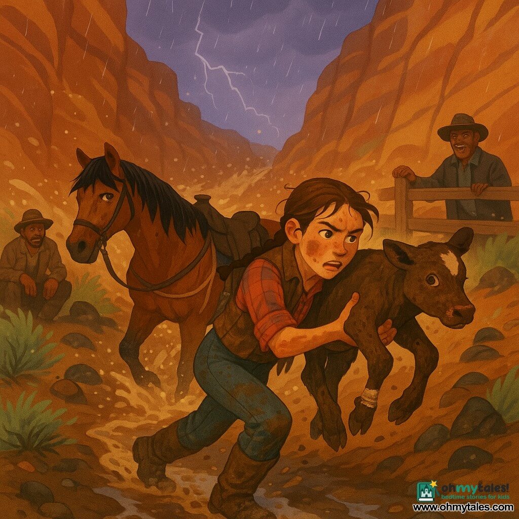 Mae, a determined, wet-faced teenage girl with braided brown hair and mud-smudged skin, hoists a small brindle calf with a white ear tip into a sling while panting on a narrow, muddy red-rock gorge trail as rain, mud and distant lightning rush behind them; nearby Juniper, a large bay horse with a wet black mane and makeshift sling gear, waits on the slippery path, Lyle (about 35) crouches a few meters back by an extinguished fire watching warily, and Hank (about 50) stands by the corral fence relieved; scene in saturated warm rock tones and cool rainy contrasts, clear outlines, simplified detailed textures, dynamic diagonal composition focusing on Mae and the calf.