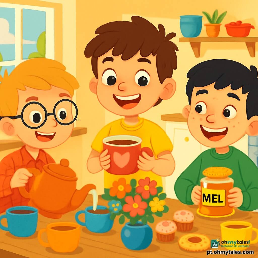 Há 3 personagens: - Tomás: um garoto de 8 anos, com cabelos castanhos bagunçados e olhos brilhantes. Ele usa uma camiseta amarela e um short azul, está no centro, sorrindo e segurando uma grande xícara de chá. - Gabriel: um garoto de 8 anos, com cabelos loiros e óculos redondos. Ele veste uma camisa de xadrez vermelha e uma calça preta, está à esquerda de Tomás, derramando chá em uma xícara. - Francisco: um garoto de 8 anos, com cabelos negros e sardas. Ele usa um moletom verde e jeans, está à direita de Tomás, segurando um pote de mel e sorrindo amplamente. O cenário é uma cozinha acolhedora, com paredes amarelas pastel. Uma grande mesa de madeira está cheia de xícaras coloridas, bolinhos e um buquê de flores frescas no centro. A luz do sol entra pela janela, iluminando o ambiente e criando uma atmosfera alegre. A cena principal mostra os três amigos preparando um chá especial para o Dia das Mães, rindo juntos, cercados de ingredientes coloridos, com uma atmosfera cheia de felicidade e cumplicidade.