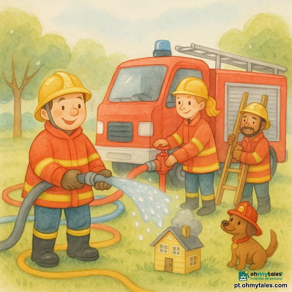 Um bombeiro, Miguel, sorridente e orgulhoso, rosto redondo, pele clara, cabelo castanho curto, veste uma grande jaqueta vermelha, botas pretas brilhantes e capacete amarelo, segurando uma grande mangueira de onde saem gotículas de água brilhantes; uma bombeira, Ana, cerca de 30 anos, cabelo loiro preso em rabo de cavalo, ajuda Miguel manipulando uma válvula ao lado do caminhão vermelho, sorri e olha para a casinha; um bombeiro, João, cerca de 30 anos, pele morena, leve barba, segura uma escada de madeira pintada atrás de Miguel perto do caminhão; o cão Bobi, pequeno e castanho de pelo curto, abana o rabo e usa um pequeno chapéu de bombeiro vermelho, sentado à direita; local: parque ensolarado com relva verde, árvores de folhas redondas, um grande caminhão de bombeiros vermelho estacionado, mangueiras coloridas desenroladas e uma pequena casinha de madeira amarela com fumaça de papel cinza simulada; situação: treino seguro — Miguel rega suavemente a casinha enquanto Ana e João apoiam e sorriem, a água forma pérolas luminosas e a atmosfera é alegre e tranquilizadora.
