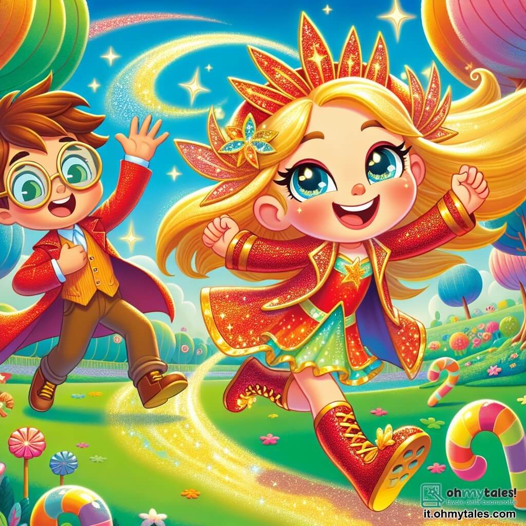 Stella Sprint, una ragazza con capelli dorati scintillanti e un grande sorriso gioioso, corre a tutta velocità in un parco incantato. Indossa un mantello rosso brillante e scarpe con ali dorate, lasciando dietro di sé una scia di luce. Accanto a lei, il suo amico Max, un ragazzo di 8 anni con occhiali rotondi e capelli castani arruffati, applaude con entusiasmo, gli occhi sgranati di ammirazione. Il parco è pieno di alberi con foglie multicolori e fiori giganti che danzano al ritmo del vento. In lontananza, un cielo blu splendente è punteggiato di nuvole a forma di caramelle. Stella si prepara a compiere un salto spettacolare, pronta a dimostrare di poter superare i suoi dubbi e diventare la supereroina che sogna di essere.