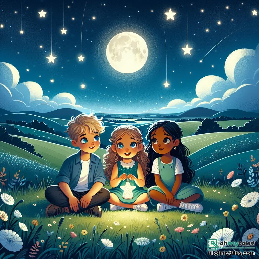 In een groen veld onder een sterrenhemel staan drie vrienden samen. Lila, een 8-jarig meisje met krullend blond haar, houdt een stervormige lamp vast die zachtjes straalt. Ze zit links met een geruststellende glimlach op haar gezicht. Sam, een 9-jarige jongen met kort bruin haar, zit rechts van haar, met grote ogen vol verwondering naar de sterren te kijken. Ten slotte zit Noor, een 7-jarig meisje met lang zwart haar, tegenover hen met haar armen over haar knieën gekruist, dromerig naar de maan te kijken. De plek is een uitgestrekt veld met wilde bloemen en zachte heuvels aan de horizon. De lucht is diepblauw, bezaaid met fonkelende sterren, en een grote ronde maan verlicht de scène met een zachte, rustgevende gloed. De drie vrienden, samengebracht onder de nachtelijke lucht, steunen elkaar om hun angst voor het donker te overwinnen. Ze lachen en tellen samen, hun gezichten verlicht door het licht van de sterlamp, terwijl ze de schoonheid van de nacht ontdekken.