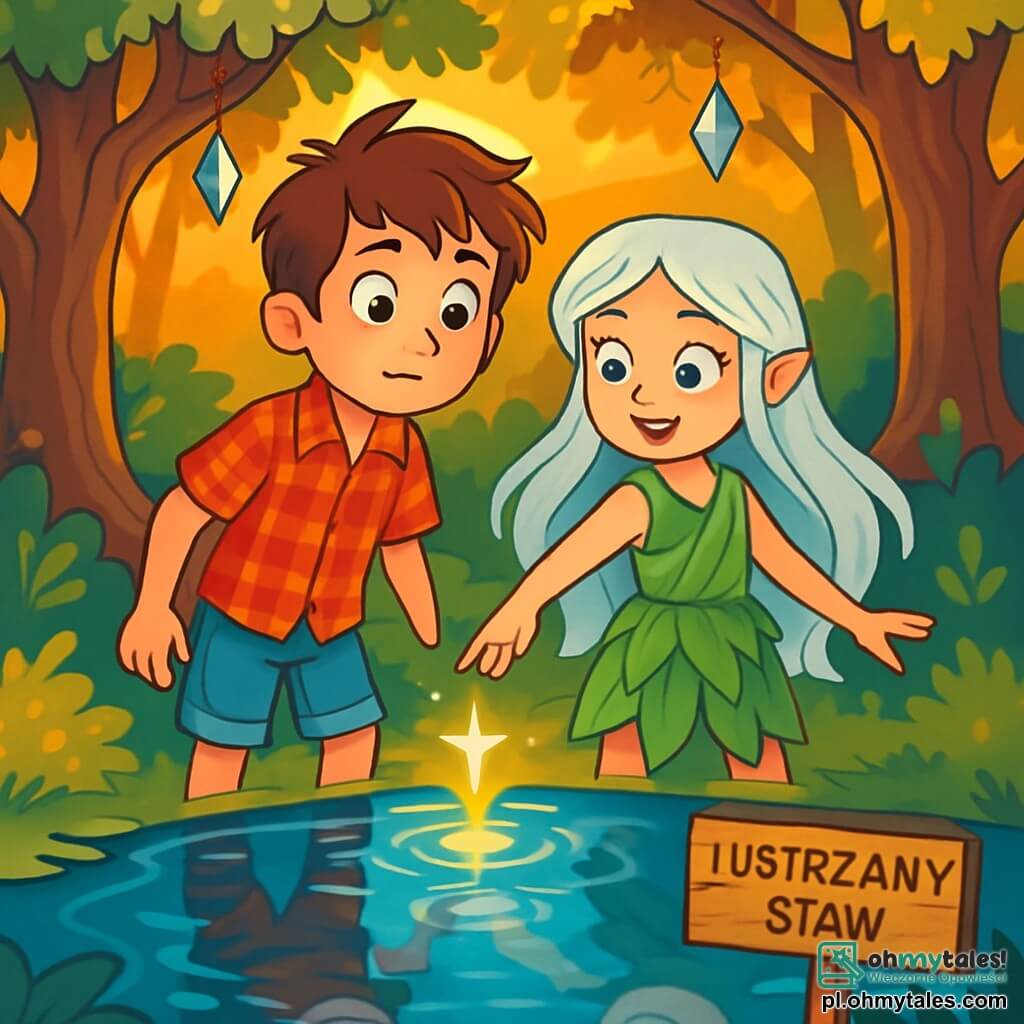 Dwunastoletni chłopiec, Tymek, stoi na brzegu błyszczącego stawu, jego oczy lśnią ciekawością i zachwytem. Ma rozczochrane brązowe włosy, lekko opaloną skórę i nosi czerwoną koszulę w kratę oraz dżinsowe szorty. Z determinacją przygląda się migoczącej wodzie, gotowy na przygodę. Obok niego stoi Elira, około 11-letnia dziewczynka z srebrnymi włosami unoszącymi się jak promienie światła i błękitnymi oczami pełnymi magii. Ma na sobie sukienkę z zielonych liści i z gracją wskazuje na tajemnicze światło wydobywające się ze stawu. Ich otoczenie to zaczarowany las, gdzie wysokie drzewa o sękatych pniach wznoszą się ku niebu, a ich liście lśnią złotą barwą w blasku zachodzącego słońca. Kryształy zawieszone w gałęziach migoczą, tworząc bajkową atmosferę. Główna scena pokazuje Tymka i Elirę przygotowujących się do odkrycia tajemnicy Lustrzanego Stawu, gdzie spokojna woda odbija ich twarze i obietnice magicznej przygody.