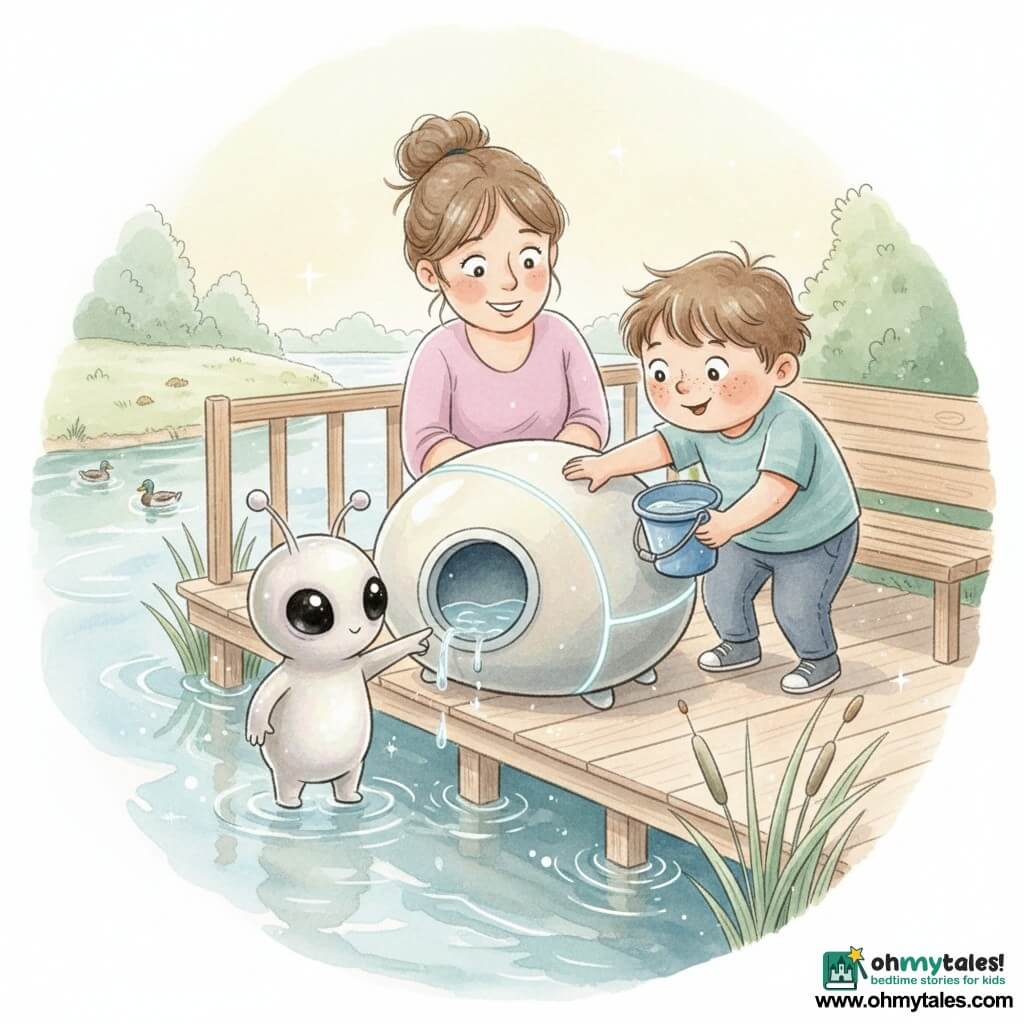 An 8-year-old boy with a round, freckled face and tousled brown hair, eyes wide with wonder and courage, leans forward holding a small blue plastic bucket of water toward a pebble-shaped craft at the riverbank as his ~35-year-old mother with a loose bun and a calm, protective smile crouches behind the wooden railing watching proudly; a small friendly alien named Loo-rah with a pearly gray rounded body, iridescent sheen, large shiny black eyes and thin animated antennae stands by the craft pointing to a circular port while the boy pours water into it and the alien claps its antennae; the pebble-ship, about the size of a small car, has a smooth surface with pale blue luminescent lines and an open round port with droplets sliding in, set on a light wooden boardwalk by a blue-green shimmering river with reeds and soft, warm pastel watercolor tones and subtle white highlights and sparkles around the alien.