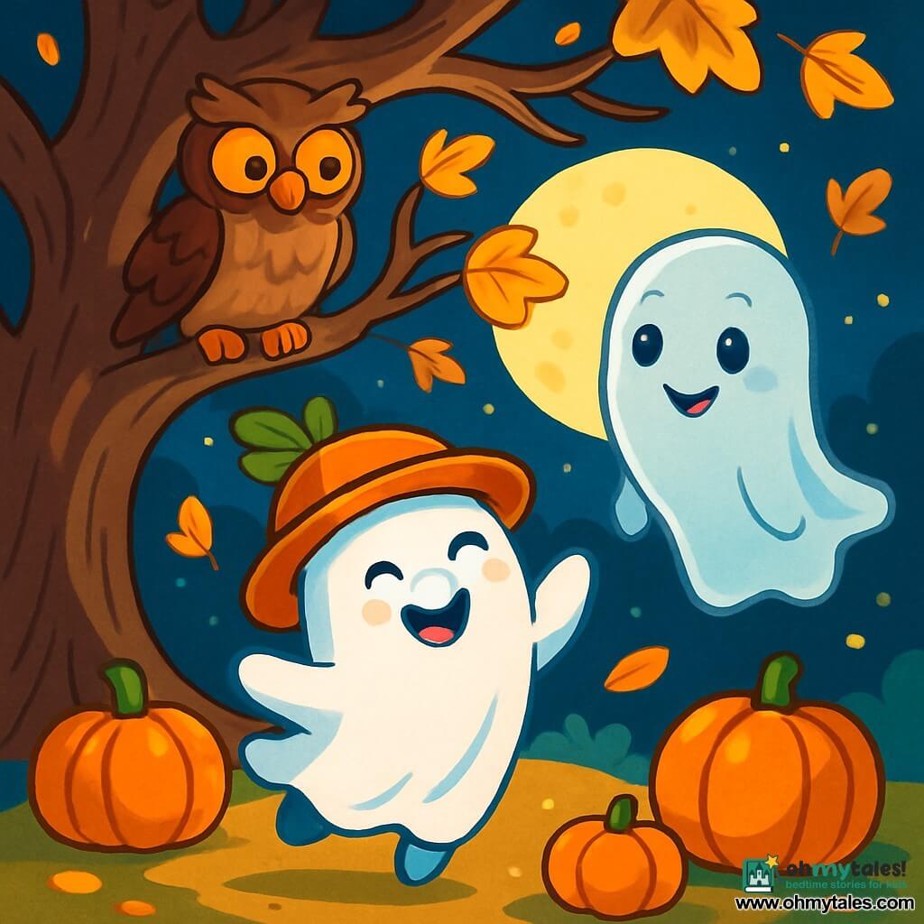 A small ghost named Boo, with a smiling face and sparkling eyes, wears a round orange hat decorated with a green leaf, joyfully dancing under the full moonlight. Next to him is a friendly ghost named Whisp, translucent and floating, with gentle features, watching with an amazed smile. They are under a large ancient tree with gnarled branches, surrounded by golden leaves and glowing pumpkins. The scene exudes a festive and magical atmosphere as Boo twirls, trying to make the wise Owl perched on a branch laugh, who has an amused expression and brown feathers.