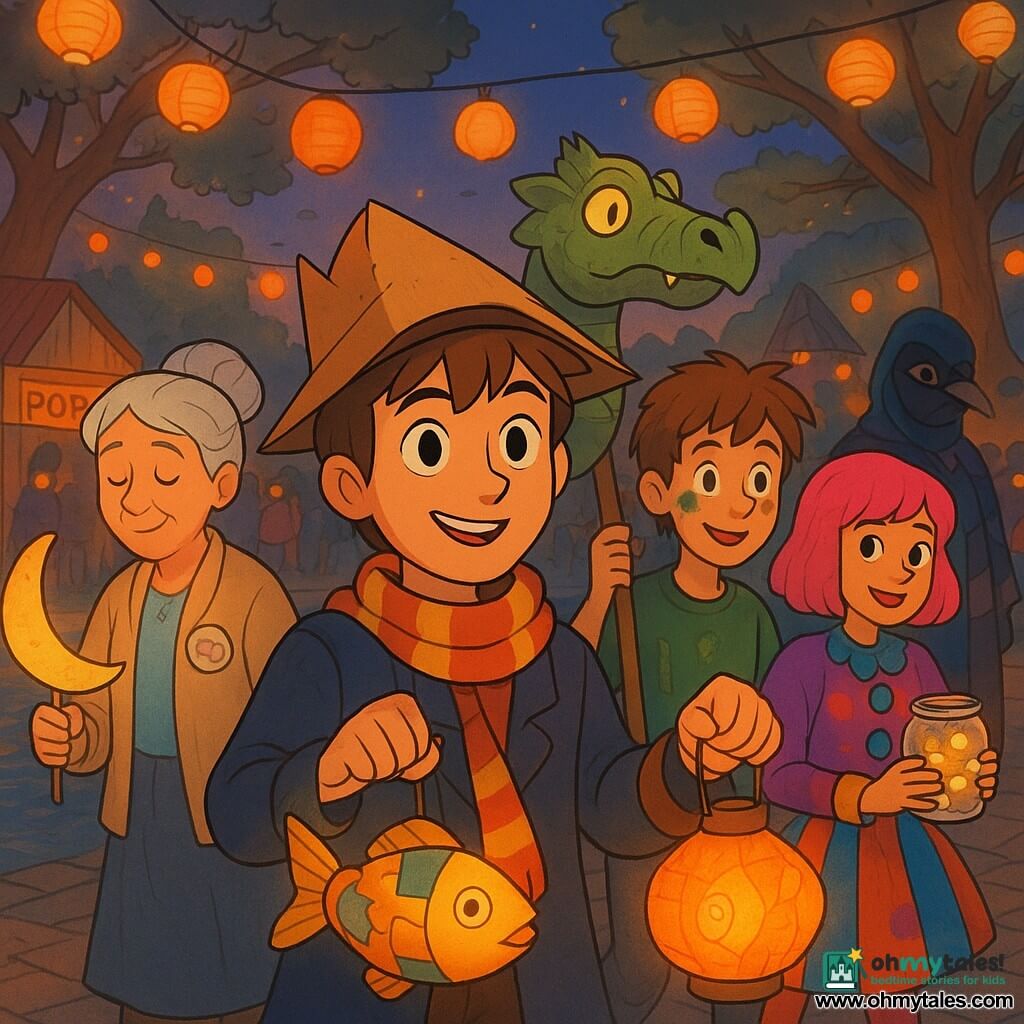 Milo, a determined 12-year-old with bright eyes, wearing a tilted cardboard hat, striped scarf and pirate-wizard costume, walks foreground holding a repaired fish-shaped lantern glowing warm orange; Mrs. Dalloway, about 70 with silver hair in a bun, a beige cardigan and volunteer badge, stands by a small wooden shed holding a moon-shaped lantern, tender and proud to Milo's left; Leo, also about 12 with messy hair and green paint flecks, lifts a repaired papier-mâché dragon head just behind Milo; Zinnia, a teen in a pink wig and modern clown outfit, smiles while holding a jar of tiny electric lights to the right; a masked teen in a patchwork cape and decorative beaked mask lingers in the background among the crowd, mysterious but kind; the setting is a carnival garden at dusk with paved paths, a large pond reflecting lanterns, string lights, colorful booths and old chestnuts hung with lanterns; main scene: a slow, joyful lantern parade at sunset with paper lanterns swinging, colorful reflections on the water and a warm, grateful community atmosphere.