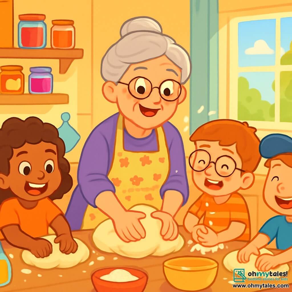 An elderly woman, Mrs. Patty, smiling and warm, with gray hair in a bun and a floral apron, is kneading bread dough in her sunny kitchen. Her eyes shine with joy and enthusiasm. Next to her, a group of four children, two girls and two boys aged 6 to 8, are kneading their own dough. The girls have curly hair and bright smiles, while the boys, one wearing glasses and the other a cap, are playfully splattering some flour. The kitchen is spacious and welcoming, with pastel yellow walls, shelves filled with colorful jars of jam, and a large window letting in sunlight, illuminating the wooden tables where baking ingredients rest. The scene shows Mrs. Patty teaching the children how to knead the dough, all laughing and sharing a moment of happiness, surrounded by the delicious smell of bread baking in the oven.