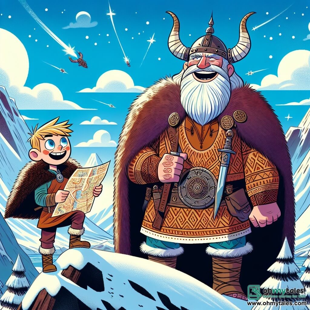 A young Viking, Erik, a boy of about 10 years old, stands on a snowy peak, his eyes shining with curiosity and courage. He wears a brown fur tunic with Nordic patterns and a horned helmet that glimmers in the sun. His face is lit up by a broad smile as he holds an ancient map, ready to explore. Beside him, Olaf, a jovial giant around 30 years old, leans down to be at Erik's level. Olaf has a thick red beard and wears a hide tunic. He looks at Erik with admiration, his eyes sparkling with gratitude. The backdrop features a vast expanse of snowy mountains, with majestic fir trees surrounding them. The sky is a bright blue, dotted with fluffy white clouds, and the air sparkles with falling snowflakes. The scene captures the moment when Erik, with determination, prepares to help Olaf find lost treasures, symbolizing friendship and courage in a magical world.