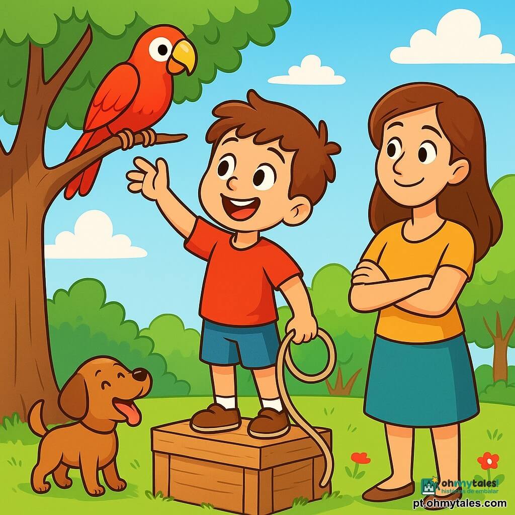 Um menino de 4 anos, Tomé, com cabelos castanhos bagunçados e olhos brilhantes de determinação, está em cima de uma caixa de madeira, com o rosto iluminado por um grande sorriso. Ele usa uma camiseta vermelha e um short azul, e estende a mão para um papagaio vermelho empoleirado em um galho alto de um grande carvalho. Perto dele, uma mãe, com cerca de 30 anos, cabelos longos castanhos e um sorriso gentil, observa seu filho com orgulho, de braços cruzados, em pé na grama verde. Um pequeno cachorro marrom, com orelhas caídas, late alegremente, trazendo vida à cena. O local é um parque ensolarado, cheio de grandes árvores com folhas verdes vibrantes, flores coloridas e um gramado bem cuidado. O céu é azul com algumas nuvens brancas fofas flutuando suavemente. A situação principal mostra Tomé, concentrado e entusiasmado, tentando libertar seu papagaio preso na árvore, usando uma corda e uma caixa para alcançar o galho, enquanto outras crianças e adultos ao seu redor observam com curiosidade e incentivo.