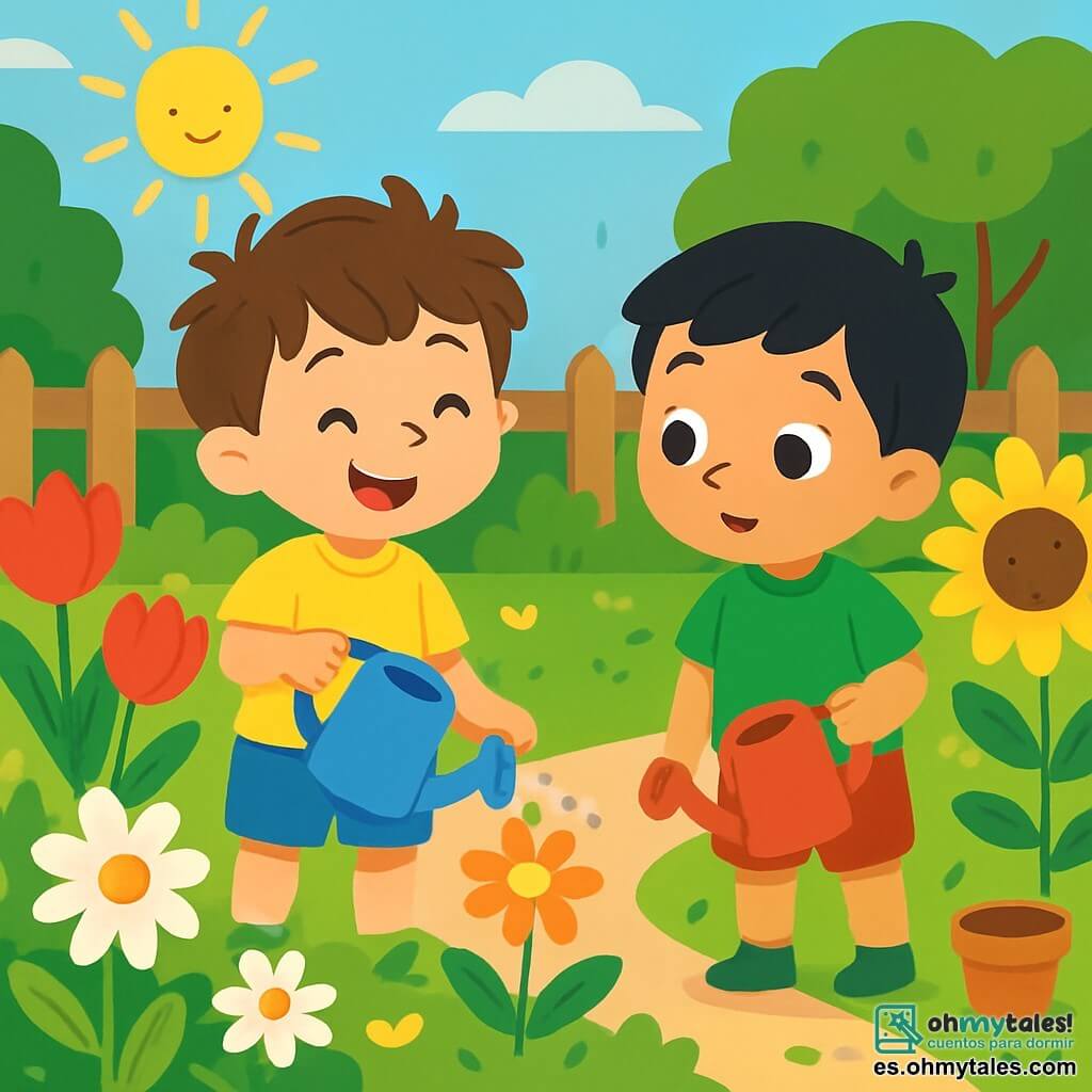 Hay 2 personajes principales: Lucas, un niño de 3 años con cabello castaño desordenado y ojos brillantes, lleva una camiseta amarilla y un short azul, sosteniendo una pequeña regadera azul y sonriendo mientras riega una flor; y Miguel, un niño de 3 años con cabello negro y ojos curiosos, lleva una camiseta verde y un short rojo, está al lado de Lucas, sosteniendo una regadera roja y observando las plantas con asombro. La escena se desarrolla en un jardín comunitario vibrante, lleno de flores coloridas como tulipanes rojos, margaritas blancas y girasoles amarillos que se mecen suavemente al sol, con filas de plantas bien cuidadas y un pequeño camino de grava que serpentea por el jardín. En el fondo se ve una cerca de madera y árboles verdes que brindan sombra. La situación principal muestra a Lucas y Miguel, alegres y concentrados, regando las flores con sus pequeñas regaderas, rodeados de hojas caídas y macetas, riendo juntos mientras aprenden a cuidar las plantas.