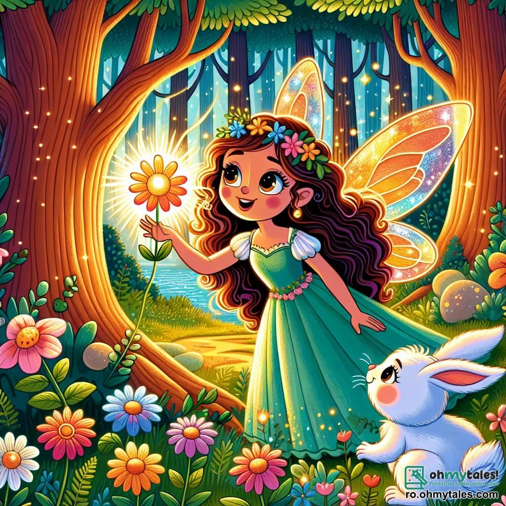 Zâna Luminii, o femeie cu aripi strălucitoare, se află într-o pădure magică, căutând floarea magică. În jurul ei, copacii au trunchiuri groase și flori colorate își deschid petalele. Un iepuraș alb, cu blană pufoasă, stă aproape de Zână, dorind să o ajute. Pădurea este plină de lumini jucăușe, iar un pârâu curge lin, aducând un sunet melodios. Zâna, curioasă, își întinde mâna spre o floare strălucitoare din iarbă, dorind să o atingă.