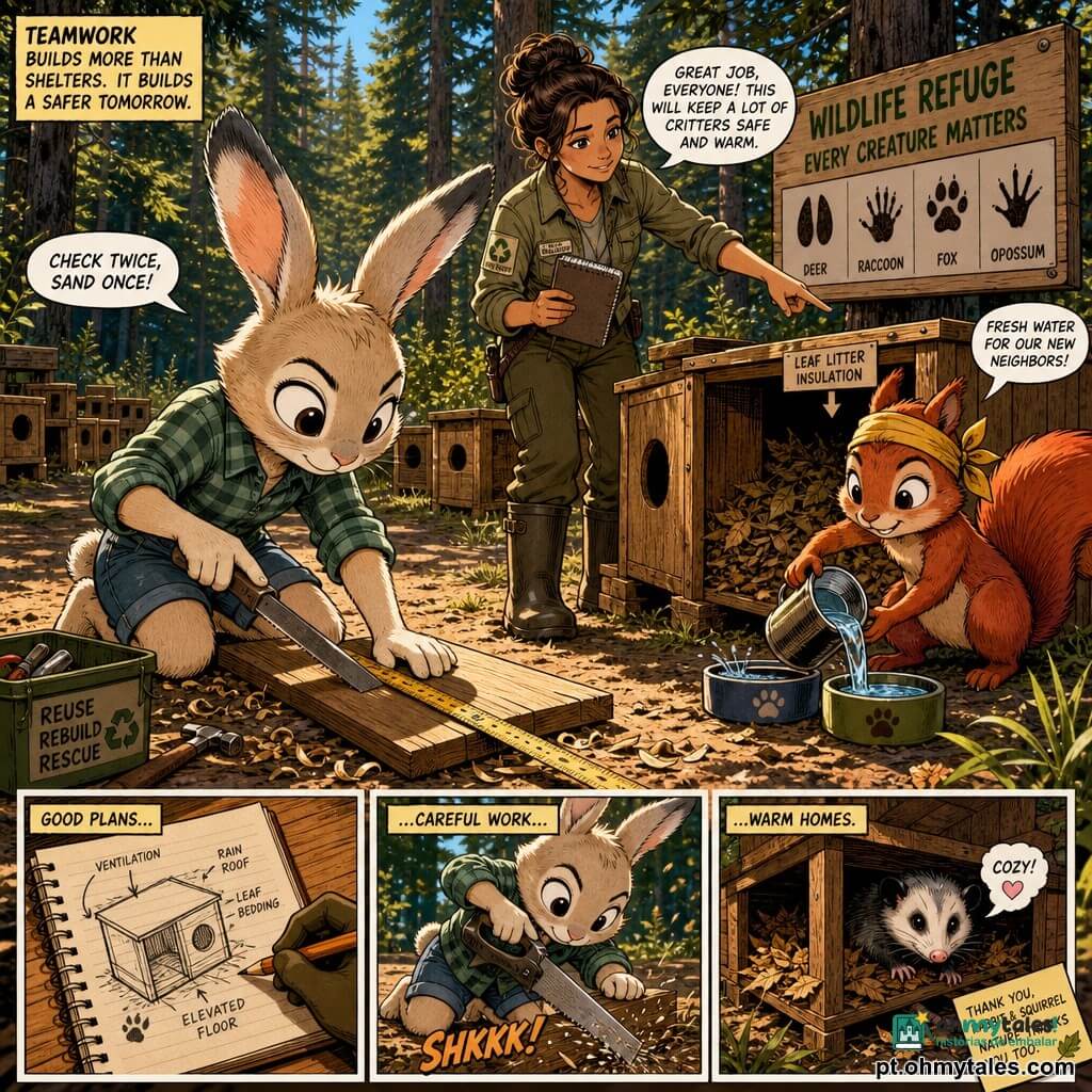 Personagem principal: jovem coelho antropomórfico de orelhas grandes brancas com pontas cinza, pelo creme, olhos grandes e expressão doce e determinada, vestindo camisa xadrez verde e short jeans, ajoelhado medindo e lixando uma tábua com trena e lima, com lascas de madeira ao redor. Personagem secundário: jovem esquilo antropomórfico de pelagem ruiva brilhante, olhar malicioso e sorriso, com faixa amarela na cabeça, vertendo água em duas tigelinhas perto de um abrigo, à direita do coelho. Personagem secundário: bióloga adulta humana de botas de borracha marrons e jaqueta cáqui, cabelo preso em coque, rosto gentil e cansado, segurando um caderno e apontando para um abrigo, atrás das crianças supervisionando. Local: refúgio na borda da floresta com chão batido e tufos de grama, fileiras de abrigos de madeira reciclada, painéis com pegadas de animais, pinheiros altos ao fundo projetando sombras, luz morna do sol da tarde. Situação: construção de abrigos para pequenos animais após onda de calor — cena ativa e colaborativa com ferramentas, lascas, tigelas de água e folhas secas para isolamento.
