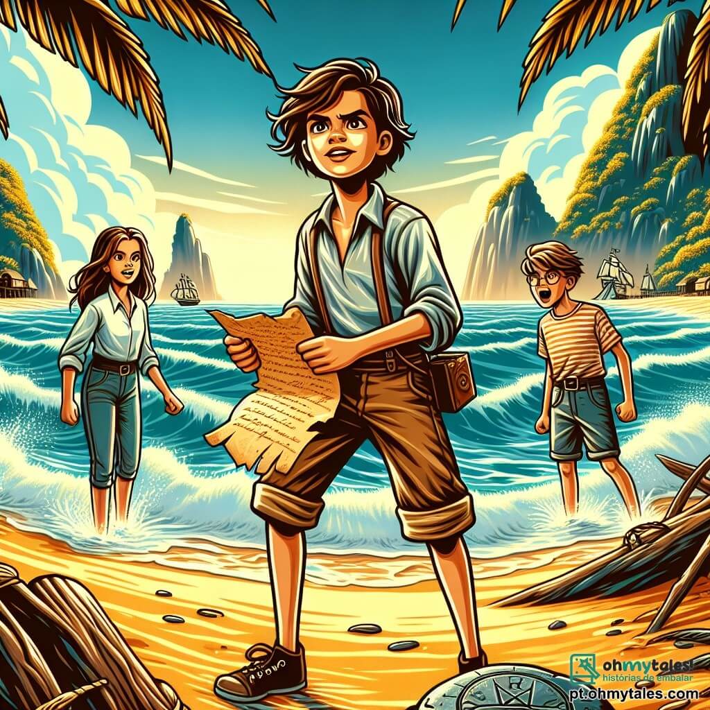 Em primeiro plano, um jovem chamado Lucas, com cerca de 12 anos, está em uma praia dourada, com os cabelos castanhos bagunçados pelo vento. Seu rosto expressa grande empolgação e um toque de determinação, enquanto segura um velho pergaminho, olhando para o horizonte. Ao seu lado, sua melhor amiga Sofia, uma menina de 11 anos com cabelos longos e loiros, usa uma camisa listrada e um short de tecido. Ela está inclinada sobre o pergaminho, com as sobrancelhas franzidas, tentando decifrar um antigo símbolo gravado em uma pedra. Um pouco atrás, Pedro, um garoto de 12 anos, robusto e sorridente, observa o mar com um ar desafiador, pronto para se lançar na aventura. O cenário é uma praia ensolarada, cercada por palmeiras verdes e rochas íngremes, com ondas quebrando suavemente na areia. Ao longe, vêem-se ilhas misteriosas, envoltas em névoa, prometendo tesouros escondidos. A cena principal mostra Lucas, Sofia e Pedro reunidos em torno do velho pergaminho, descobrindo o início de sua busca pelos Ilhotes do Destino, com expressões de curiosidade e empolgação, prontos para embarcar em uma grande aventura.