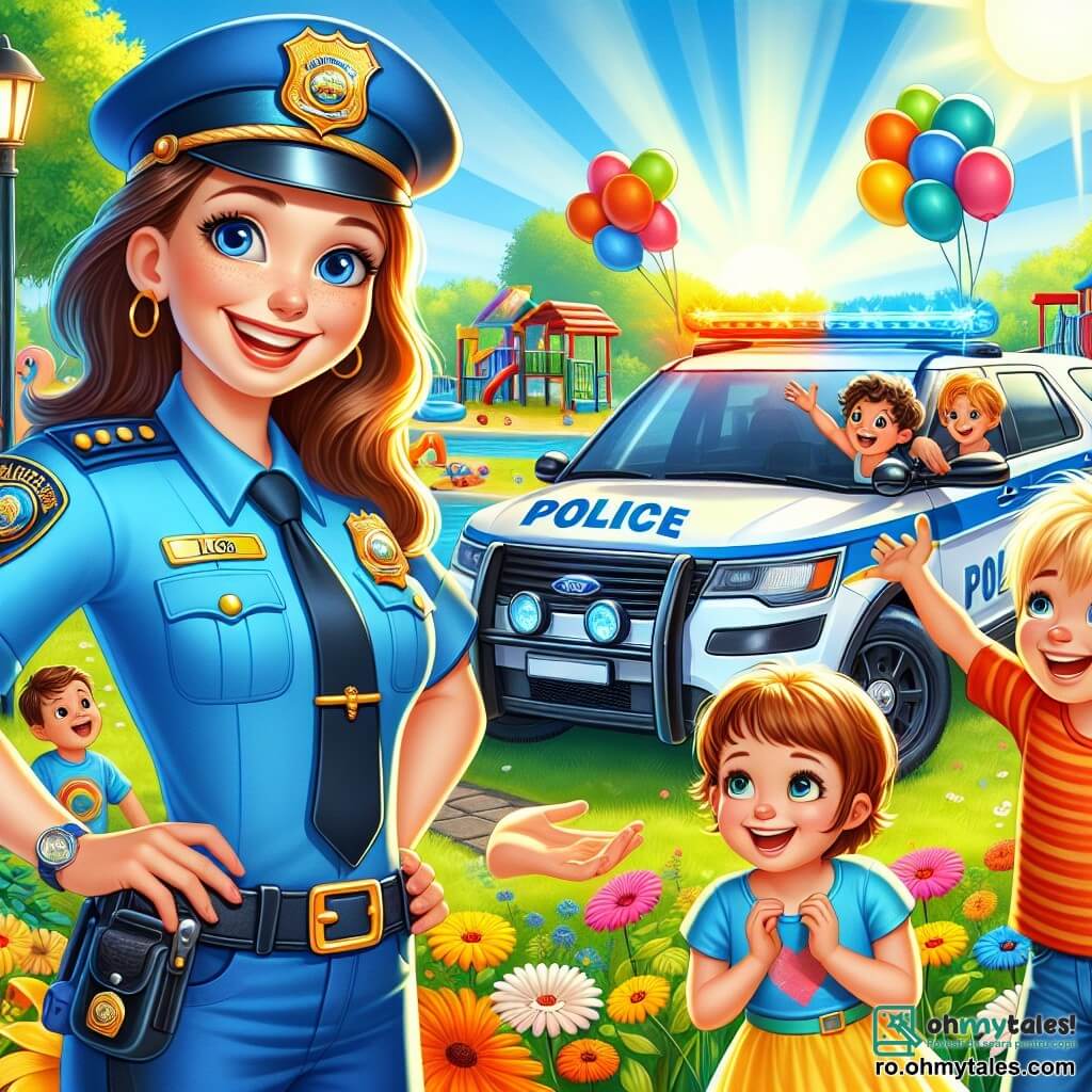 Polițista Maria, o femeie zâmbitoare de aproximativ 30 de ani, poartă un uniformă albastră strălucitoare cu un insignă lucioasă. Părul ei brun este prins într-o coadă de cal, iar fața ei radiază de bucurie în timp ce îi întâmpină pe copii cu entuziasm. Lângă ea, un băiat de 8 ani, cu părul blond și ochii strălucitori, pe nume Lucas, poartă un tricou roșu și o pereche de pantaloni scurți albaștri, râzând în timp ce imită sunetul sirenei mașinii de poliție. Un alt copil, o fetiță de 7 ani numită Emma, cu părul creț și o rochie galbenă, observă cu uimire mașina de poliție, având ochii mari de curiozitate. Scena are loc într-un parc însorit, plin de flori colorate și copaci verzi. În fundal, o mare machetă de mașină de poliție strălucește sub soare, înconjurată de baloane colorate care plutesc în aer. Maria le explică copiilor regulile de siguranță în timp ce se joacă cu ei într-un joc amuzant. Râsetele și strigătele de bucurie umplu aerul, creând o atmosferă de sărbătoare și învățare.