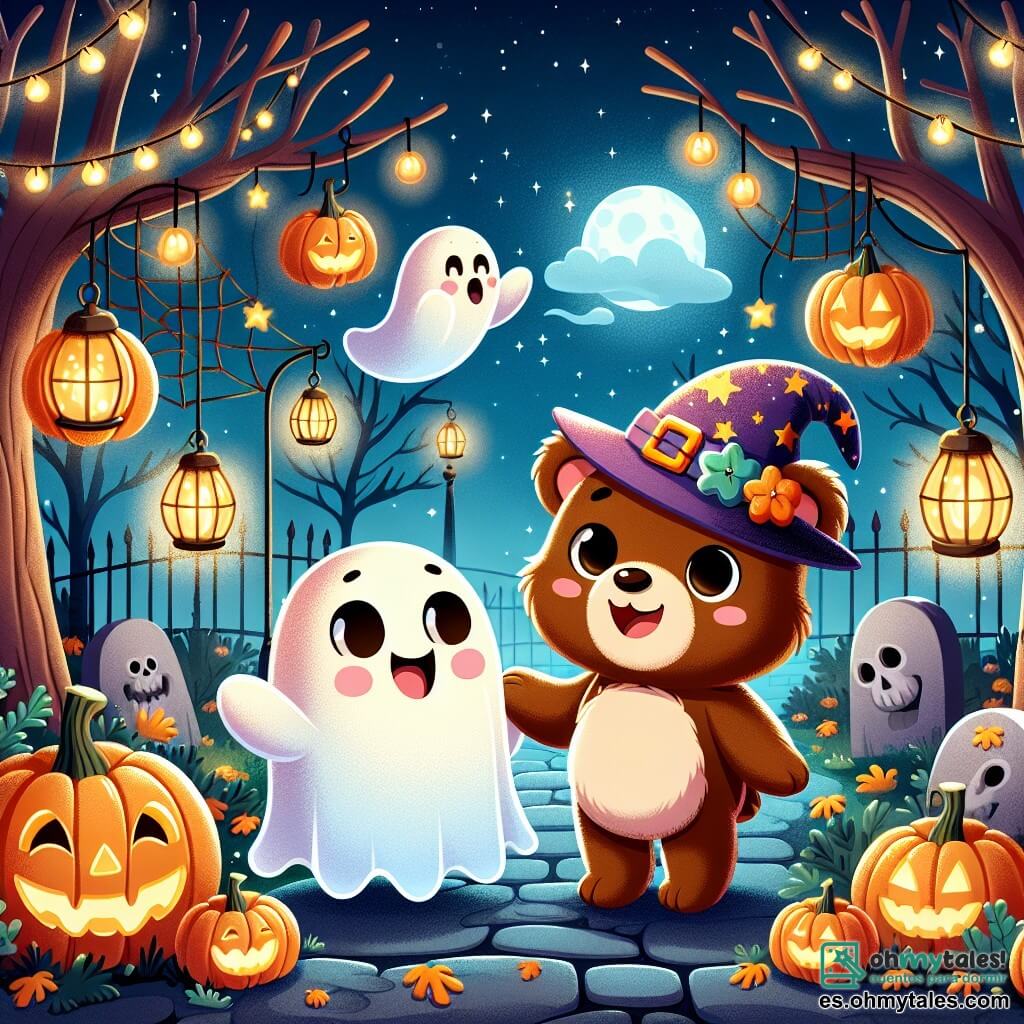 Ilustración que representa a un oso pardo de ojos brillantes, con un pelaje suave y un pequeño sombrero de mago colorido. Expresa curiosidad y emoción, mirando a su alrededor con una gran sonrisa. A su lado, un pequeño fantasma amigable flota en el aire, con una cara sonriente, grandes ojos redondos y una forma ligera y translúcida. Muestra una actitud alegre, gesticulando con entusiasmo para invitar al oso a seguirlo. La escena se desarrolla en un jardín encantado decorado para Halloween, lleno de linternas en forma de calabaza, telarañas brillantes y esqueletos danzantes. Los árboles están adornados con hojas doradas, y una suave luz de luna ilumina el paisaje. La situación principal muestra al oso y al fantasma explorando juntos el jardín, descubriendo sorpresas divertidas y compartiendo risas, simbolizando la amistad y la aventura. Elementos adicionales incluyen estrellas brillantes en el cielo nocturno, sombras misteriosas proyectadas por las decoraciones y un ambiente festivo lleno de magia y alegría.
