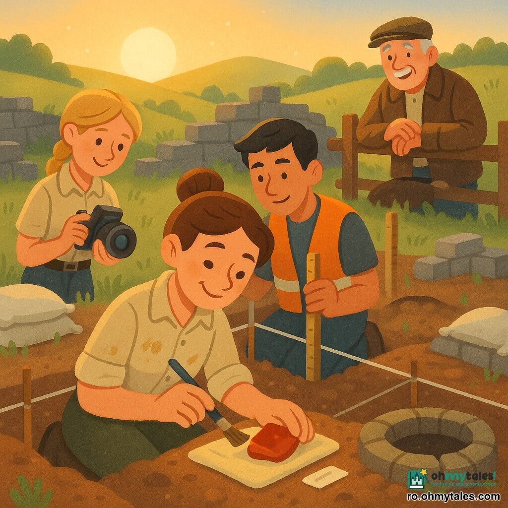 Arheologă tânără, zâmbitoare și concentrată, piele deschisă, păr castaniu prins în coc, bluză bej murdară de pământ, ghemuită curățând cu grijă un fragment mic de ceramică roșie cu o pensulă fină; tânăr din echipă ~25 ani, păr scurt negru, vestă portocalie de șantier, măsoară cuadratul de săpătură cu o riglă, puțin în spate-dreapta; asistentă ~23 ani, păr blond împletit, carnet și aparat foto, fotografiază fragmentul pe o etichetă la stânga arheologei; țăran bătrân ~65 ani, zâmbitor, vestă din lână maro și șapcă, aduce o oală cu apă sprijinit de o barieră de lemn în spatele echipei; locul: câmp deluros la răsărit, ruine joase din piatră gri, sol ocru cu smocuri de iarbă, un cuptor vechi parțial dezvelit, prelate albe și saci de nisip; situația: momentul descoperirii — arheologa scoate un fragment de vas colorat și o mică mărgea albastră strălucitoare pe o pânză, lumină aurie de dimineață, praf în suspensie, atmosferă blândă și curioasă; stil grafic: culori vii și contrastante, contururi clare și forme simple, texturi ușoare de pământ și material, compoziție centrată pe mâini și obiect, expresii calde potrivite copiilor.