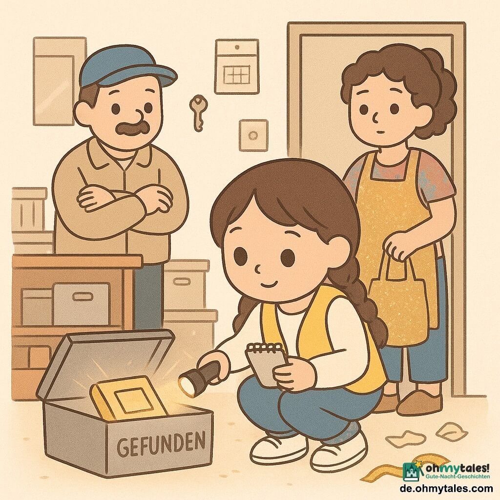 Ein 12-jähriges Mädchen, begeistert und konzentriert, mit braunen Zöpfen, großem neugierigem Blick, trägt eine gelbe Weste, Jeans und Turnschuhe, hält ein Notizbuch und eine Taschenlampe und beugt sich über eine offene graue Kiste mit einem Buch aus dem Fundbüro; hinter ihr steht ein etwa 40-jähriger Hausmeister mit Schnurrbart, blauer Schirmmütze und beiger Arbeitsjacke, die Arme verschränkt, amüsiert und aufmerksam, und an der Tür der kleinen überfüllten Loge steht eine etwa 30-jährige Theaterleiterin mit zusammengebundenen lockigen Haaren, buntem T‑Shirt und glitzernder Schürze, hält einen Sack mit goldenem Stoff und wirkt etwas verlegen; die Loge enthält einen verkratzten Holztisch, beschriftete Plastikboxen, einen Wandkalender, einen Schlüssel am Schlüsselring, zerknittertes Papier und ein glitzerndes goldenes Band auf dem Boden; warme Lampenbeleuchtung mit sichtbaren Staubstrahlen schafft Atmosphäre einer freundlichen, fröhlichen kleinen Untersuchung; grafischer Stil: runde einfache Formen, klare Konturen, lebhafte Pastellfarben und leichte Papier‑ und Holztexturen, Komposition auf das Mädchen und die offene Kiste zentriert.