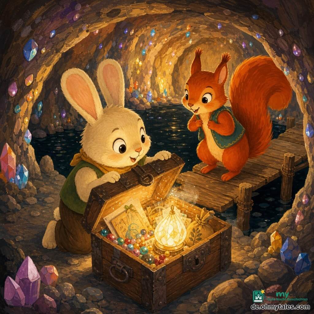 Hoppel, ein kleiner weiß-beiger Hase mit weichem Fell und großen runden Ohren, kniet vor einer alten eisernen Holztruhe und öffnet sie, während Finja, ein roter Eichhörnchen mit buschigem Schwanz, auf dem schmalen Plankensteg dahinter steht; in der Truhe sind bunte Perlen, Zeichnungen, ein Säckchen Samen und eine Kristalllampe, die beim Öffnen warm zu leuchten beginnt und mit einem warmen Luftstoß entweicht, sodass die beiden Freunde überrascht und glücklich einander ansehen, während das Licht die Tropfen an den kristallbesetzten Wänden einer runden, intim wirkenden Höhle über einem tintenschwarzen See färbt.