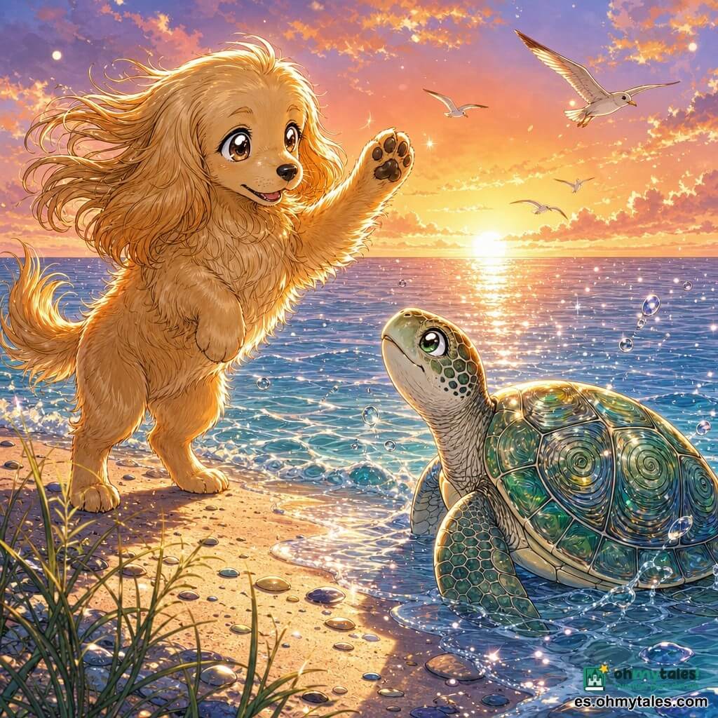 Un perro de pelaje dorado brillante, orejas largas y ojos redondos y luminosos, con expresión alegre y algo melancólica, se sostiene en dos patas y levanta una pata como saludando, pelo al viento; una tortuga marina verde y nacarada, con caparazón de motivos en espiral, parece agradecida y serena, medio en el agua y mirando al perro lista para sumergirse; la orilla es una playa de arena fina crema con hierbas saladas y pequeñas piedras pulidas, olas azul translúcidas con reflejos plateados bajo un cielo pastel al atardecer; la escena muestra un tierno adiós entre amigos, gotas brillantes, unas gaviotas al fondo y rayos anaranjados acariciando sus siluetas; estilo manga: trazos nítidos, expresiones exageradas y ojos grandes, colores vivos y contrastados, texturas detalladas en el pelaje, el caparazón y los reflejos del agua.