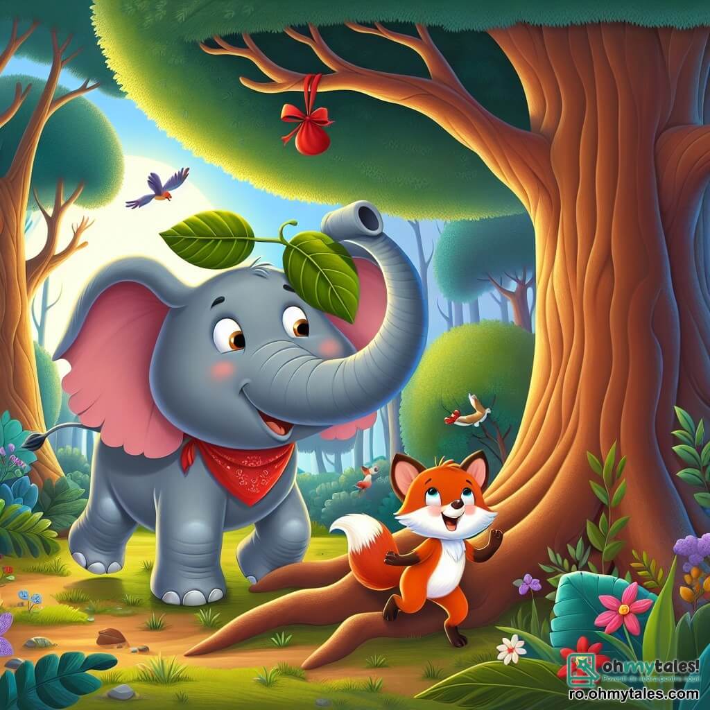 Un elefant vesel, pe nume Emil, se află în centrul imaginii, cu urechi mari în formă de frunze și o trompă lungă și expresivă, afișând un zâmbet larg. El caută sub un copac mare, cu ochii strălucind de excitație și determinare. Lângă el, o vulpe mică, pe nume Vera, cu blană strălucitoare și ochi sclipitori, sare de bucurie văzând ceva roșu sub rădăcinile copacului. Ea este plină de speranță și stă puțin retrasă, așteptând cu nerăbdare să descopere ce este. Decorul este o pădure fermecată, cu copaci majestuoși, flori colorate pe sol și un rază de soare blândă care filtrează printre frunze. Păsările cântă în crengi, adăugând o notă de magie atmosferei. Situația principală îi arată pe Emil și Vera în căutarea mingii roșii pierdute, înconjurați de frumusețea naturii, ilustrează spiritul de aventură și prietenie care îi unește.