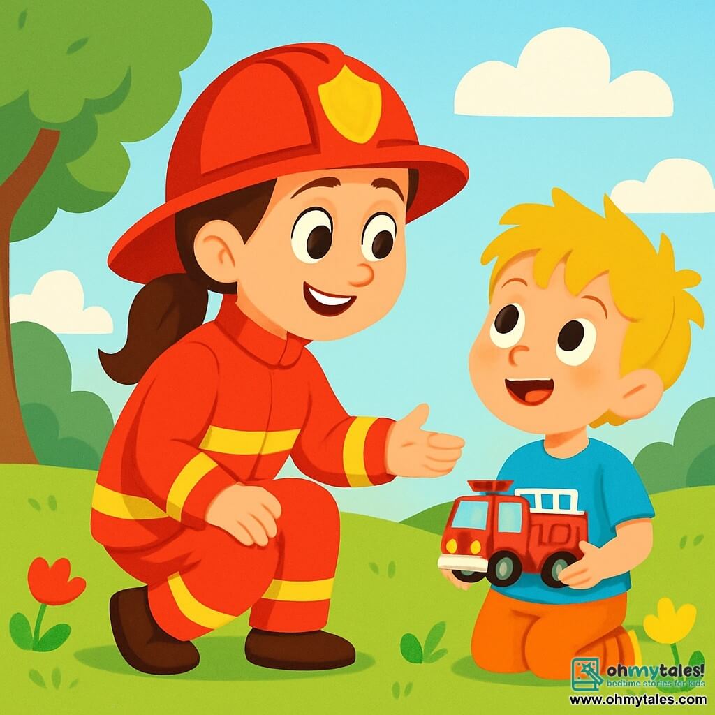 A smiling female firefighter with brown hair in a ponytail wears a shiny red suit and a sparkling firefighter helmet. She is crouching down, kindly looking at a wide-eyed little boy, about 6 years old, with messy blonde hair and a blue t-shirt. He holds a small plastic fire truck in his hands and looks amazed. The scene takes place in a green park with leafy trees and colorful flowers swaying in the breeze. In the distance, there is a light blue sky dotted with fluffy white clouds. The firefighter enthusiastically explains her job to Max, the little boy, who listens attentively with shining eyes full of admiration.