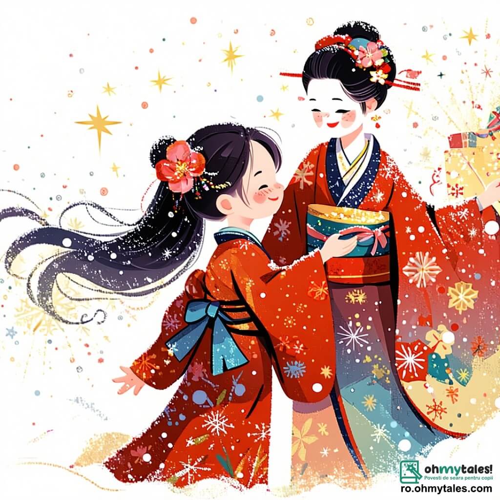 În centrul imaginii, Akiko, o tânără de aproximativ 12 ani, cu părul lung și negru, poartă un kimono tradițional cu motive florale colorate. Fața ei exprimă bucurie și uimire în timp ce aruncă fulgi de zăpadă în aer, care strălucesc ca stelele. Lângă ea, Yuki, un spirit al iernii, apare sub forma unei femei elegante de aproximativ 30 de ani, cu părul alb ca zăpada și o rochie strălucitoare. Ea zâmbește călduros, observând-o pe Akiko cu mândrie, în timp ce ridică o mână pentru a face fulgii să danseze în jurul lor. Decorul se află într-un peisaj de iarnă fermecător, cu copaci acoperiți de zăpadă strălucitoare și un cer albastru deschis. Situația principală arată cum Akiko și Yuki sărbătoresc frumusețea iernii, Akiko aruncând fulgi de zăpadă în aer, iar Yuki, cu un zâmbet binevoitor, îi observă, creând o atmosferă de bucurie și magie.