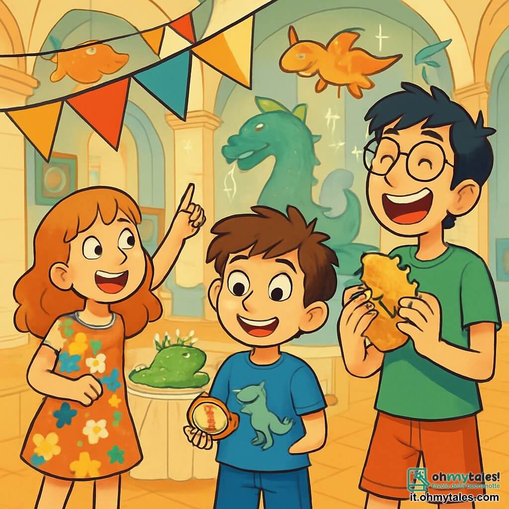 Ci sono 3 personaggi: - Mattia: un ragazzo di 12 anni, con capelli castani disordinati e occhi brillanti. Indossa una maglietta blu con un dinosauro e pantaloni corti di jeans. Si trova al centro, tenendo una piccola bussola dorata, con un sorriso meravigliato sul volto. - Sofia: una ragazza di 12 anni, con capelli rossi ondulati e lentiggini. Indossa un vestito a fiori colorati e sandali. Si trova a sinistra di Mattia, mentre punta verso una grande bandiera colorata che sventola sopra di loro, con un'aria gioiosa. - Riccardo: un ragazzo di 12 anni, alto e magro, con capelli neri disordinati e occhiali. Indossa una maglietta verde e pantaloni corti rossi. È a destra di Mattia, ridendo e tenendo un grosso panino a forma di dinosauro, pronto a mangiarlo. Il luogo è il Museo delle Meraviglie, una grande sala luminosa piena di decorazioni colorate, dinosauri di cartapesta appesi al soffitto e muri coperti di quadri strani. Sullo sfondo, una enorme fontana a forma di drago spruzza acqua scintillante, mentre luci brillanti illuminano l'intera stanza. La situazione principale mostra i tre amici che festeggiano il compleanno di Mattia, circondati da decorazioni festive, con una grande torta di compleanno a forma di dinosauro su un tavolo, mentre ridono e si divertono insieme, creando un'atmosfera di gioia e avventura.