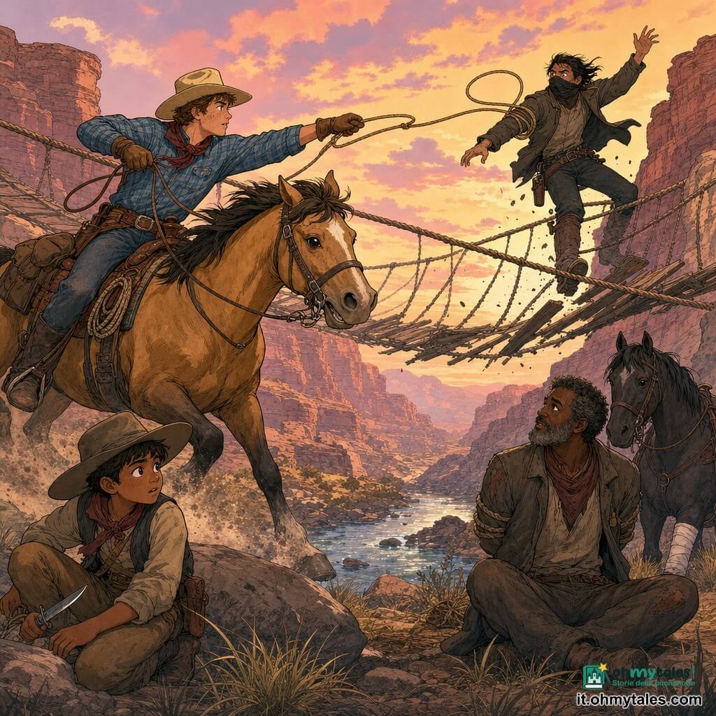 Tom Bell, giovane (circa 20-25 anni), viso abbronzato, capelli castani corti, sguardo determinato, in camicia a quadri blu e cappello da cowboy beige, a cavallo su Biscotto lancia un lazo che avvolge il braccio di un bandito su un ponte di corda; Pip, ragazzo di ~12 anni, viso rotondo con macchia di polvere, cappello troppo grande e occhi stupefatti ma coraggiosi, accovacciato dietro una roccia vicino al torrente con una piccola lama pronta; Caleb Reed, uomo di ~40 anni con barba grigia corta e giacca consumata, mani legate ma riconoscente, seduto sulla riva vicino a un cavallo zoppicante; il bandito trentenne con bandana nera è a metà del ponte, sorpreso e aggressivo mentre il ponte oscillante sopra un canyon di rocce rosse e un torrente argentato scricchiola; luce calda del tramonto, erba secca, polvere danzante, momento di tensione eroica con espressioni di sorpresa e sollievo.