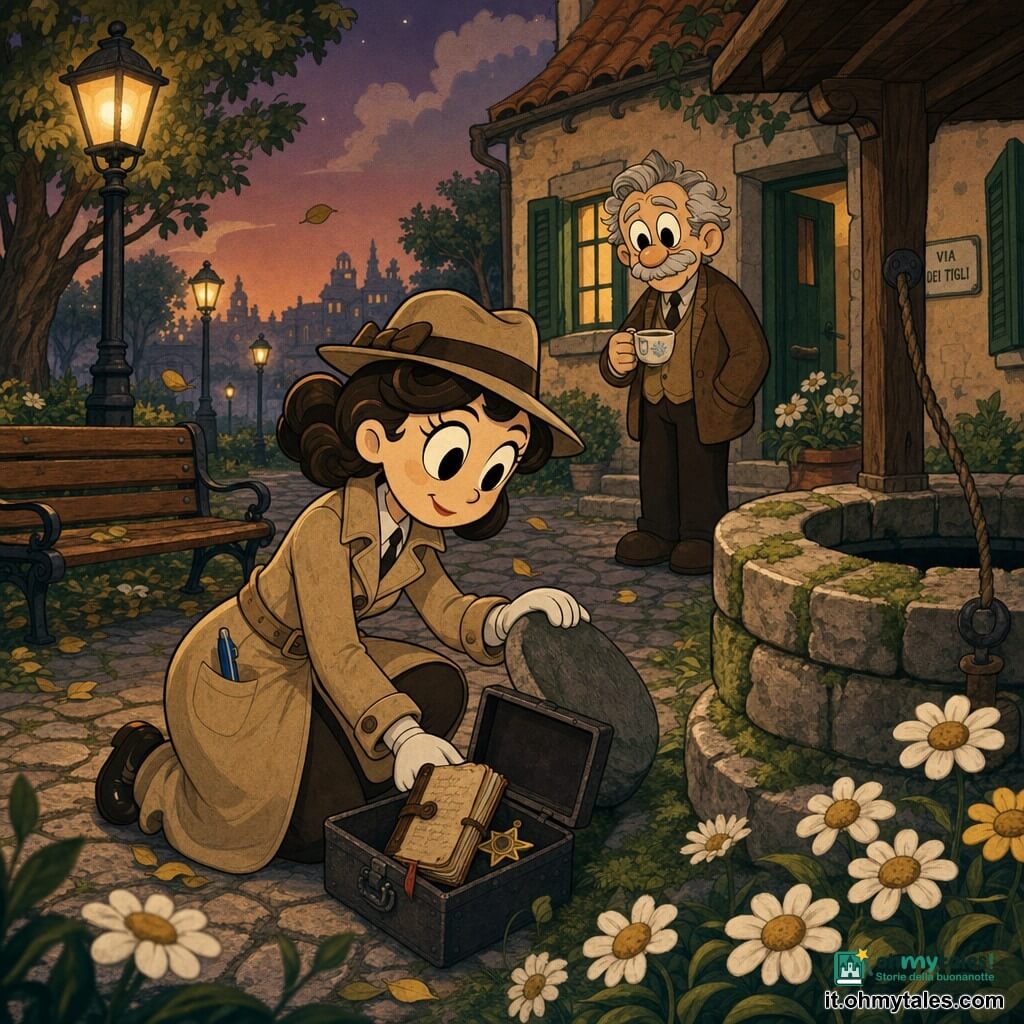 Detective donna Livia, sguardo curioso e sereno, leggero sorriso, cappotto beige, taccuino in mano, inginocchiata a sollevare una pietra liscia vicino a un vecchio pozzo; uomo di circa 70 anni, Marco, volto rugoso ma dolce, capelli grigi spettinati, in piedi vicino a una casa con persiane verdi, con una tazza di tè, guarda Livia commosso; parco al crepuscolo con vialetti lastricati, margherite bianche e gialle, pozzo di pietra muschioso, panchina usurata e lampioni dalla luce calda; scena principale: Livia trova sotto la pietra una piccola scatola di latta contenente un diario ingiallito e un medaglione a forma di stella; atmosfera calda e misteriosa, stile cartoon retrò con tratti morbidi.