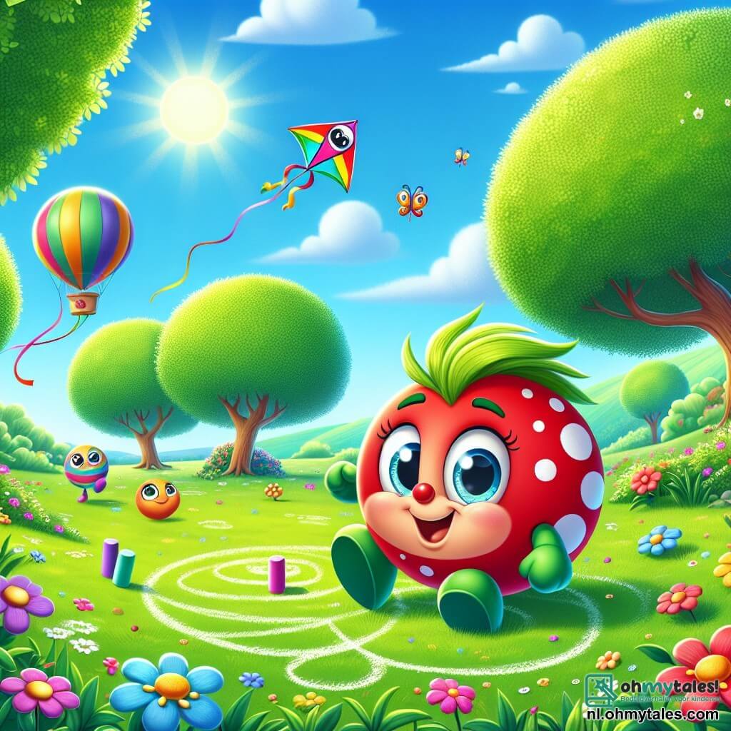 Kleine Bal, een vrolijk rond balletje, staat in het midden van de afbeelding met een grote glimlach en sprankelende ogen van blijdschap. Hij is rood met witte stippen en stuitert op het groene gras, omringd door kleurrijke bloemen. Aan zijn rechterkant zweeft Vliegertje, een mooi vlieger in felle kleuren, in de blauwe lucht met een speelse uitdrukking, terwijl zijn lange staarten in de wind dansen. Aan de linkerkant zit Vlinderkrijt, een schattig stuk krijt in de vorm van een vlinder, op de grond en tekent bloemen met een geconcentreerde blik. De locatie is een zonnig park, vol weelderig groen, grote bomen met glanzende bladeren en een mooi gazon waar kinderen spelen. Gelach en vrolijke stemmen weerklinken in de lucht. De hoofdscène toont Kleine Bal, Vliegertje en Vlinderkrijt die samen plezier hebben, prachtige tekeningen op de grond maken, omringd door hun nieuwe vrienden, allemaal blij en vol energie, genietend van hun magische zomer.