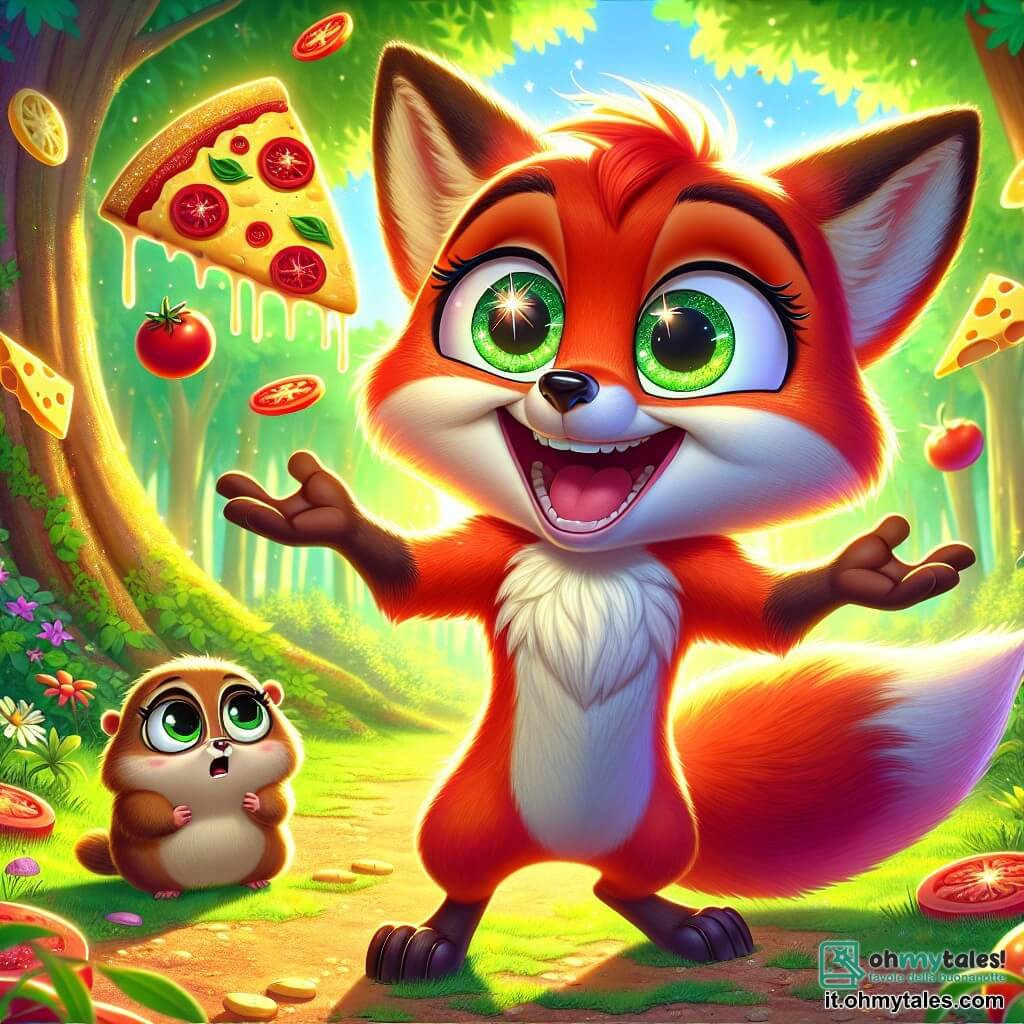 Remigio, una volpe rossa dal pelo lucido e dagli occhi scintillanti di eccitazione, è al centro della scena mentre jongla con ingredienti colorati per la pizza: pomodori rossi, formaggio giallo e basilico verde. Ha un ampio sorriso malizioso sul volto, che mostra il suo entusiasmo per la sfida. Accanto a lui, Gilda, una piccola talpa con pelo marrone e occhiali tondi, osserva con un'espressione di preoccupazione, con le zampette piccole posate sui fianchi. Si tiene leggermente in disparte, all'ombra di un grande albero, osservando Remigio con curiosità e un pizzico di scetticismo. La scena si svolge in una radura soleggiata della foresta di Trotterellopoli, circondata da alberi con foglie verdi brillanti e fiori colorati che danzano al vento. Il suolo è coperto di foglie dorate e piccole pietre brillanti, creando un'atmosfera magica. Remigio, determinato e gioioso, si prepara a lanciare la sua pizza verso il cielo, sperando che voli davvero. Gli ingredienti fluttuano intorno a lui, pronti per essere assemblati in un vortice di colori vivaci.