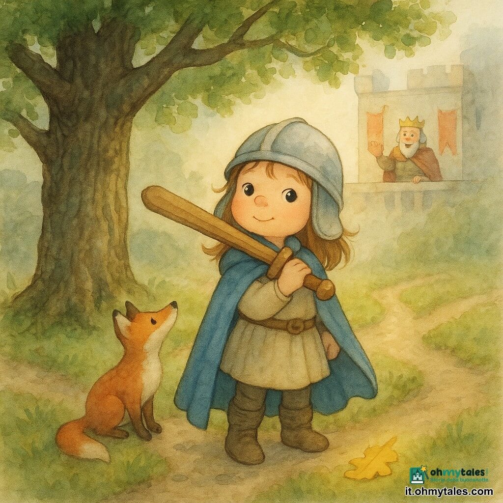 La cavalleressa Livia, giovane, in piedi al centro con sguardo deciso, elmo leggero e mantello blu svolazzante, tiene una spada di legno appoggiata sulla spalla; un piccolo volpacchiotto rosso è seduto ai suoi piedi, curioso; sullo sfondo, su un balcone del castello, il re sessantenne la osserva benevolo con stendardi rossi; la scena si svolge in una radura con tre sentieri sotto la grande Quercia dei Tre Sentieri, corteccia ruvida e rami larghi, una foglia d'oro mancante brilla sul terreno; Livia esita ai piedi dei cammini fangosi, luce del tardo pomeriggio e lieve foschia creano un'atmosfera d'avventura tenera.