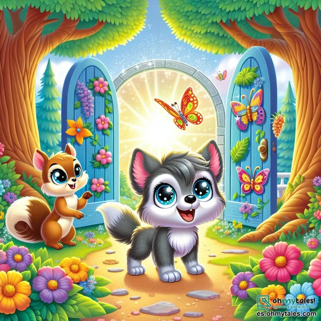 Un pequeño lobo llamado Lucho, con pelaje gris y ojos llenos de curiosidad, está en el centro de la imagen, sonriendo con entusiasmo al descubrir una puerta mágica cubierta de flores coloridas y hojas. A su derecha, una pequeña ardilla llamada Tita, con pelaje marrón y grandes ojos brillantes, observa con preocupación, lista para ayudar. A la izquierda, una mariposa de alas multicolores, flotando alegremente, expresa su gratitud con una sonrisa radiante. El lugar es un hermoso bosque encantado, donde árboles majestuosos se elevan hacia el cielo, sus hojas brillando bajo un suave sol, mientras flores de colores vivos cubren el suelo. La escena principal muestra a Lucho, Tita y Mariposa preparándose para entrar en la puerta mágica, rodeados de una luz deslumbrante que emana de la apertura, simbolizando la aventura y la magia que les espera.