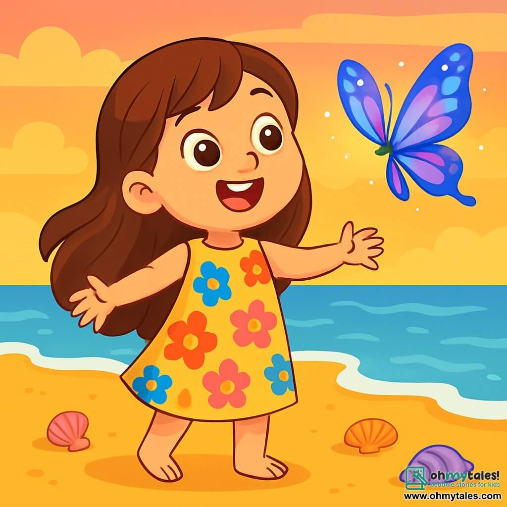 A 6-year-old girl with long brown hair and sparkling curious eyes stands on a golden sandy beach. She wears a light dress with colorful floral patterns and has a big smile, showing her wonder. Next to her, a beautiful luminous butterfly with shimmering wings dances in the air, its vibrant colors ranging from blue to purple, creating a magical atmosphere. The setting is a tranquil beach bathed in the soft light of sunset, where the sky is tinted with shades of pink and orange. The waves gently murmur in the background, and colorful seashells are scattered on the sand. The little girl follows the butterfly with her arms open, breathing deeply and letting herself be carried away by the magic of the moment, ready to discover a world of dreams and serenity.