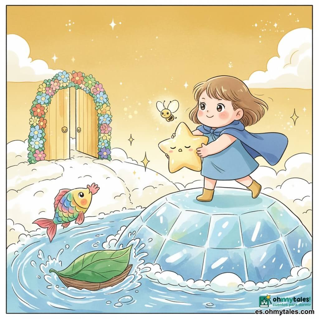Luna, niña de 2 años feliz y valiente, rostro redondo, cabello corto castaño claro y capa azul suave, sostiene una luciérnaga en la mano izquierda y empuja con ambas manos una pequeña estrella caída; la estrella, amarillo pálido y con ojos cerrados, tiembla en una colina de cristal translúcida. Un pez no humano de escamas arcoíris aplaude con la cola junto a un arroyo risueño y salta cerca de un barco-hoja; otra luciérnaga amiga flota cerca emitiendo luz dorada. Alrededor hay un camino de algodón blanco y una puerta de flores multicolores abierta al fondo; la escena muestra a Luna empujando la estrella hacia el cielo, músculos tensos y sonrisa confiada, con luz de luciérnagas y chispas doradas. Estilo gráfico: trazos suaves, colores pastel y texturas brillantes, composición simple y legible para un niño de 2 años.