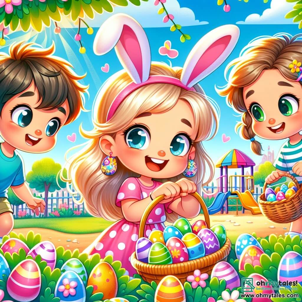 A 6-year-old girl named Maggie, with big bright eyes and a wide smile, is wearing pink bunny ears and a colorful polka-dot dress. She is hiding colorful plastic eggs behind a vibrant green bush, her face glowing with excitement. Next to her, Tommy, a 6-year-old boy with messy brown hair and a blue t-shirt, looks around curiously, ready to start the egg hunt. Lily, a 6-year-old girl with braided blonde hair, stands a little further away, holding a wicker basket, eager to begin the hunt. The setting is a sunny playground filled with colorful equipment, swings, and slides, surrounded by vibrant flowers and lush trees. The main scene shows Maggie hiding a sparkling golden egg behind the sand in the sandbox, while her friends gather, excited to discover the hidden treasures for the big Easter egg hunt.