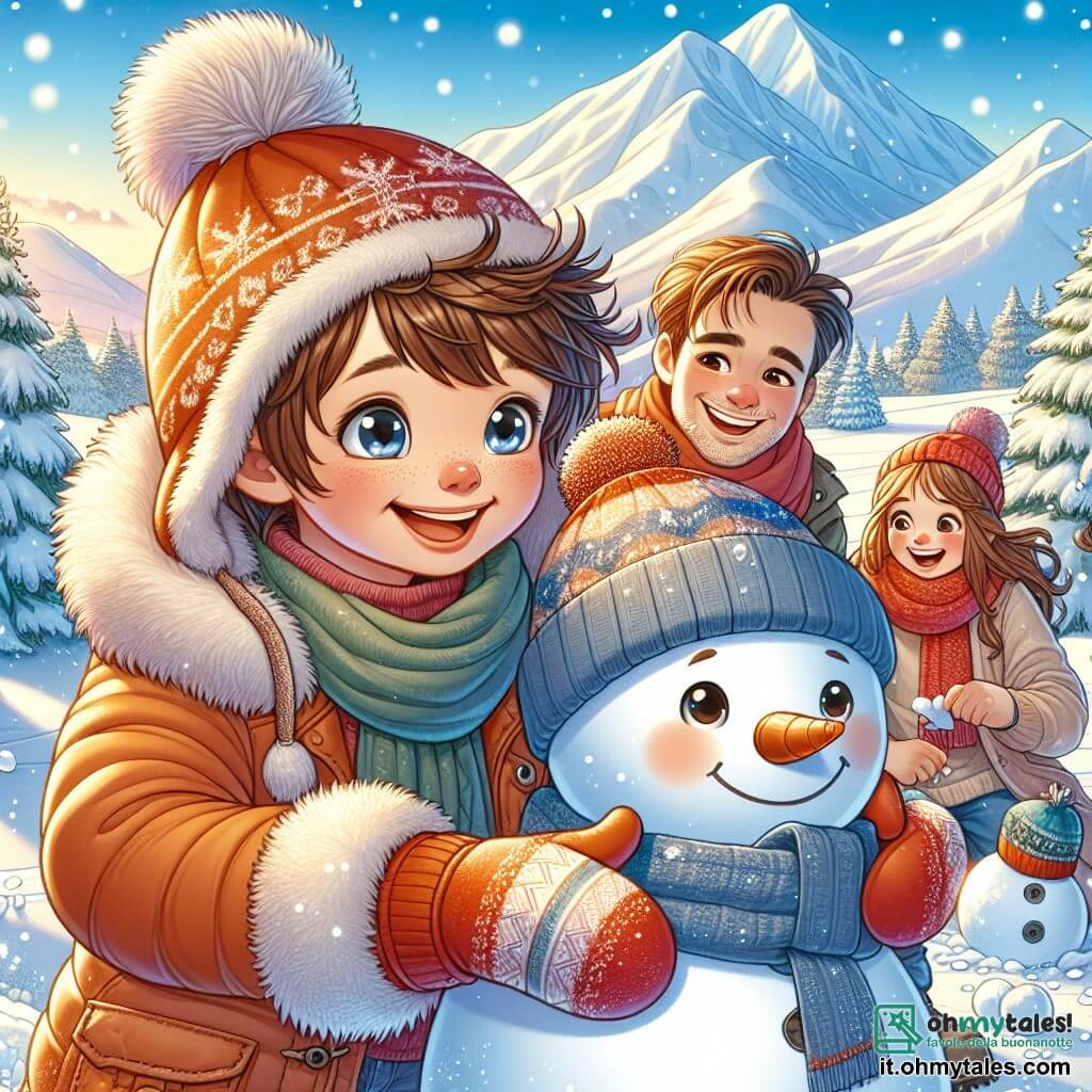 Un ragazzo di 7 anni, Matteo, con capelli castani arruffati, indossa un grande giubbotto arancione, un berretto di lana e guanti colorati. Ha un grande sorriso sul viso e gli occhi brillanti di eccitazione mentre costruisce un pupazzo di neve nella neve scintillante. Accanto a lui, suo padre, un uomo sulla trentina con una leggera barba e un berretto blu, lo aiuta a modellare il corpo del pupazzo di neve, ridendo gioiosamente. La madre di Matteo, una donna sulla trentina con capelli lunghi e una sciarpa rossa, li osserva con un sorriso affettuoso, tenendo una tazza di cioccolata calda tra le mani. Lo sfondo è una magnifica montagna innevata, con abeti coperti di neve, un cielo blu chiaro e fiocchi di neve che cadono dolcemente. La scena è piena di magia invernale, con colline bianche a perdita d'occhio e il sole che brilla, creando riflessi scintillanti sulla neve. Matteo, suo padre e sua madre sono tutti insieme, condividendo un momento di felicità e complicità all'aperto, circondati dalla bellezza tranquilla dell'inverno.